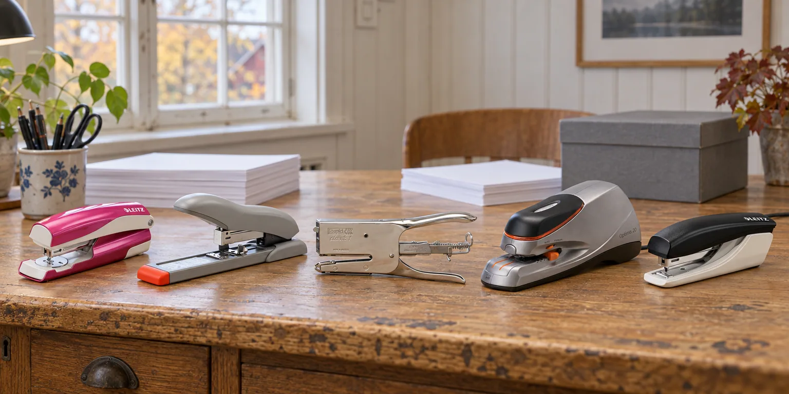 Testvinnarna från testet av häftapparat: Leitz 5502 NeXXt WOW, Rapid Fashion HD70, Rapid Classic K1, Rexel Optima 20, Leitz 5517
