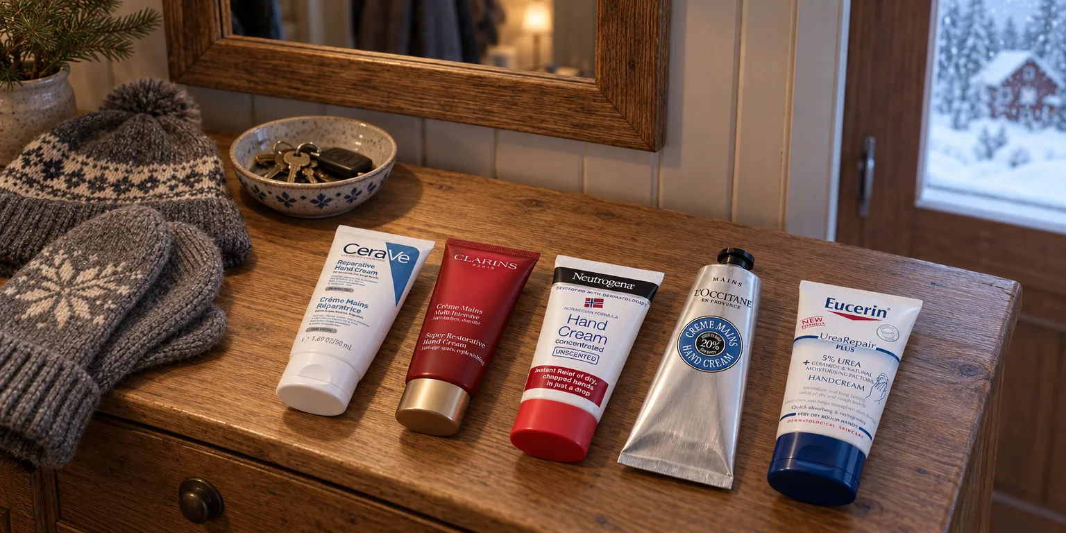 Testvinnarna från testet av handkräm: CeraVe Reparative Hand Cream, Clarins Super Restorative Hand Cream, Neutrogena Norwegian Formula Concentrated Oparfymerad, L'Occitane Shea Hand Cream 150 ml, Eucerin UreaRepair Plus 5 % Urea Hand Cream