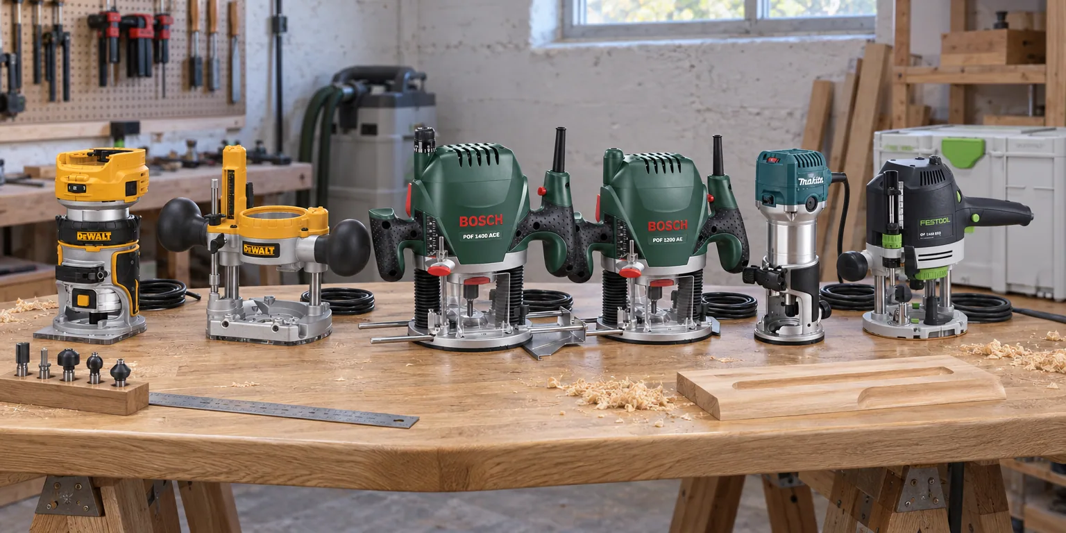 Testvinnarna från testet av handöverfräs: Dewalt DCW604NT-XJ Solo, Bosch POF 1400 ACE, Bosch POF 1200 AE, Makita RT0702C, Festool OF 1400 EBQ-Plus