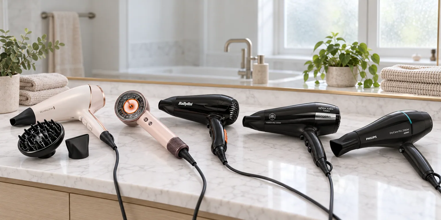 Testvinnarna från testet av hårfön: Remington Proluxe AC9140 Rose Gold, Dyson Supersonic Nural Straight + Wavy Ceramic Pink/Rose Gold, Babyliss Travel Dry 2000 5344E, OBH Nordica Björn Axén Tools Power Pro 2200W 5191, Philips DryCare Pro BHD272