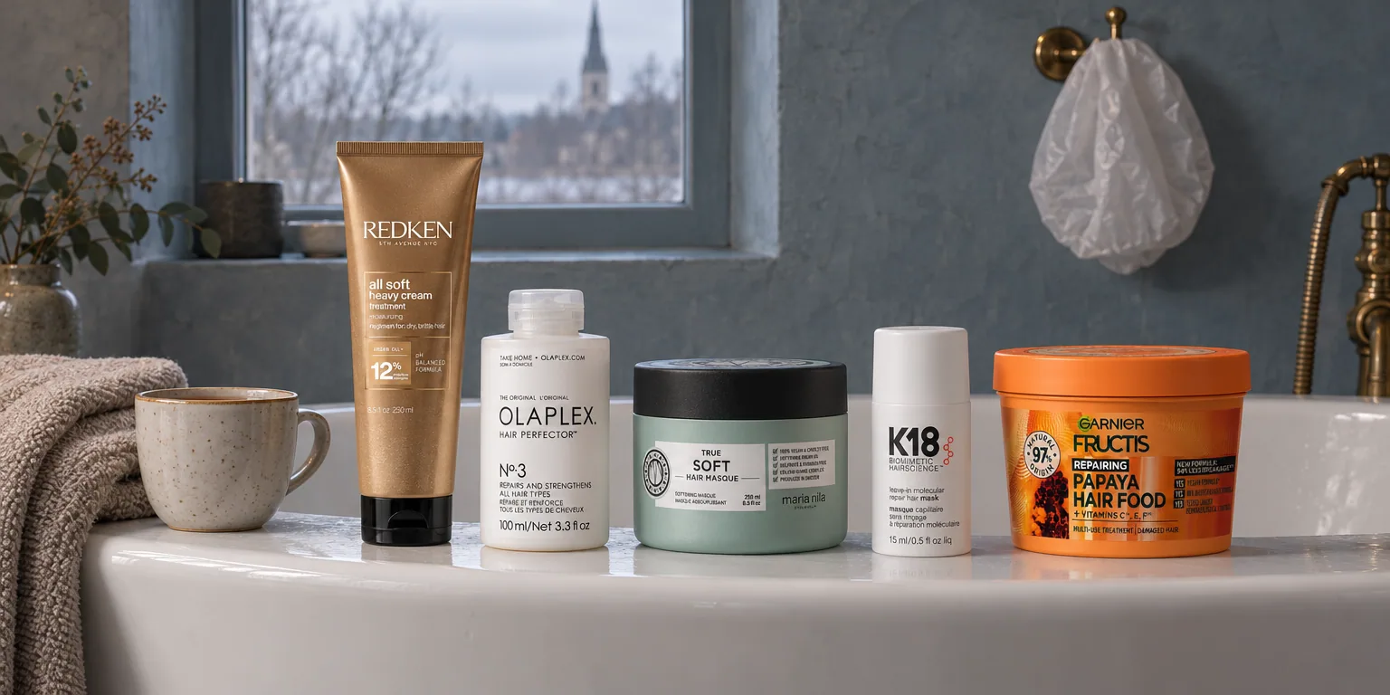 Testvinnarna från testet av hårinpackning: Redken All Soft Heavy Cream Mask 250 ml, Olaplex No.3 Hair Perfector 100 ml, Maria Nila True Soft Masque 250 ml, K18 Leave-in Molecular Repair Hair Mask 15 ml, Garnier Fructis Hair Food Papaya Mask 400 ml