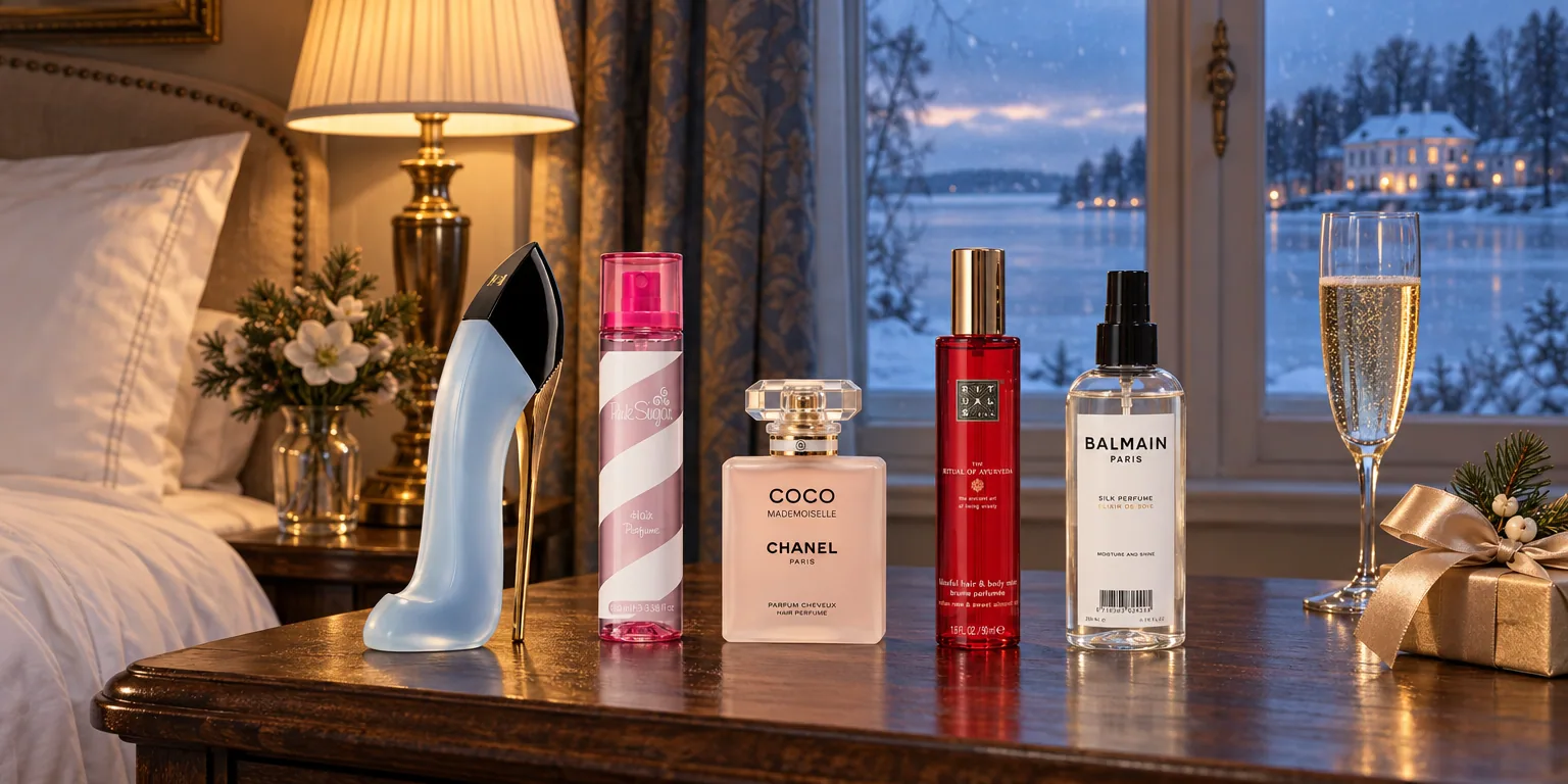 Testvinnarna från testet av hårparfym: Carolina Herrera Good Girl Hair Mist, Pink Sugar Hair Perfume, Chanel Coco Mademoiselle Hair Perfume, Rituals The Ritual of Ayurveda Hair & Body Mist, Balmain Silk Perfume