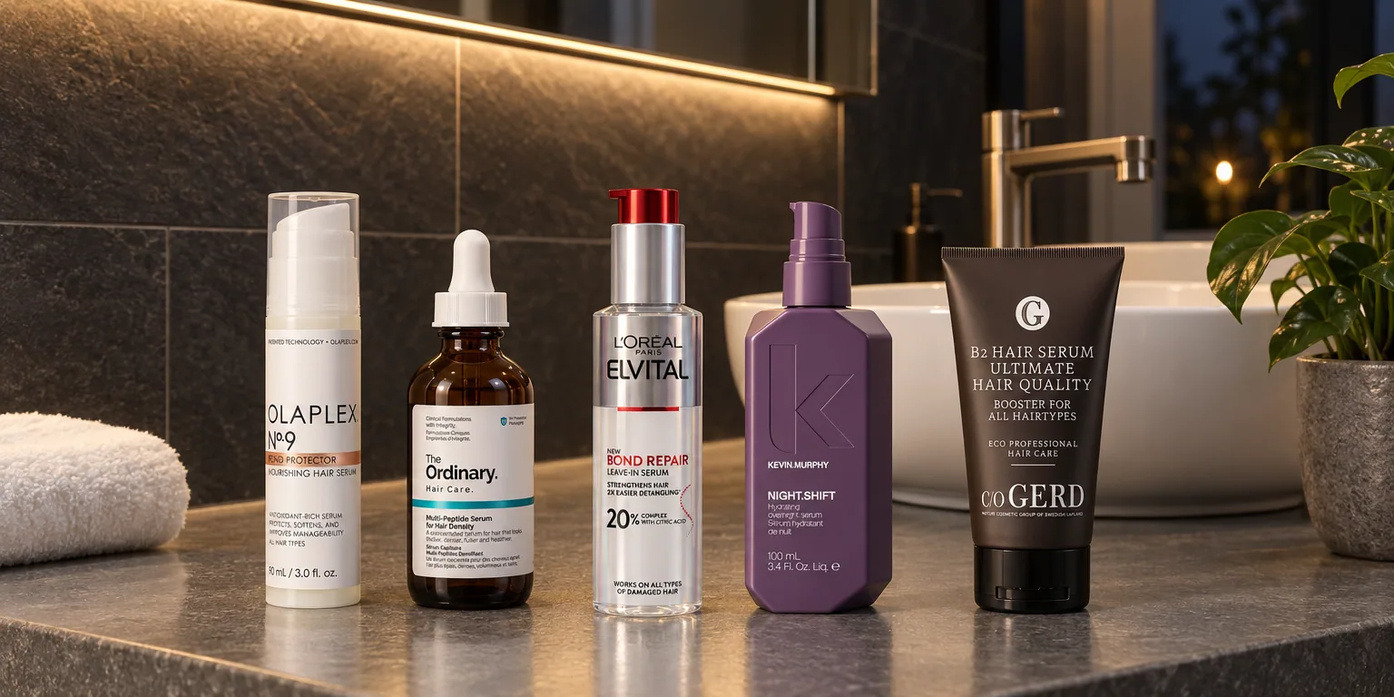 Testvinnarna från testet av hårserum: Olaplex No.9 Bond Protector, The Ordinary Multi-Peptide Serum, L'Oréal Elvital Bond Repair, Kevin Murphy Night.Shift, c/o Gerd B2 Hair Serum
