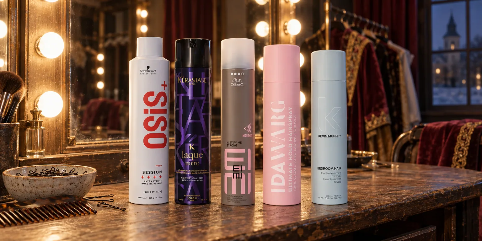 Testvinnarna från testet av hårspray: Schwarzkopf OSiS+ Session 300 ml, Kérastase Laque Noire 300 ml, Wella EIMI Mistify Me Strong 500 ml, Ida Warg Ultimate Hold 250 ml, Kevin Murphy Bedroom Hair 235 ml