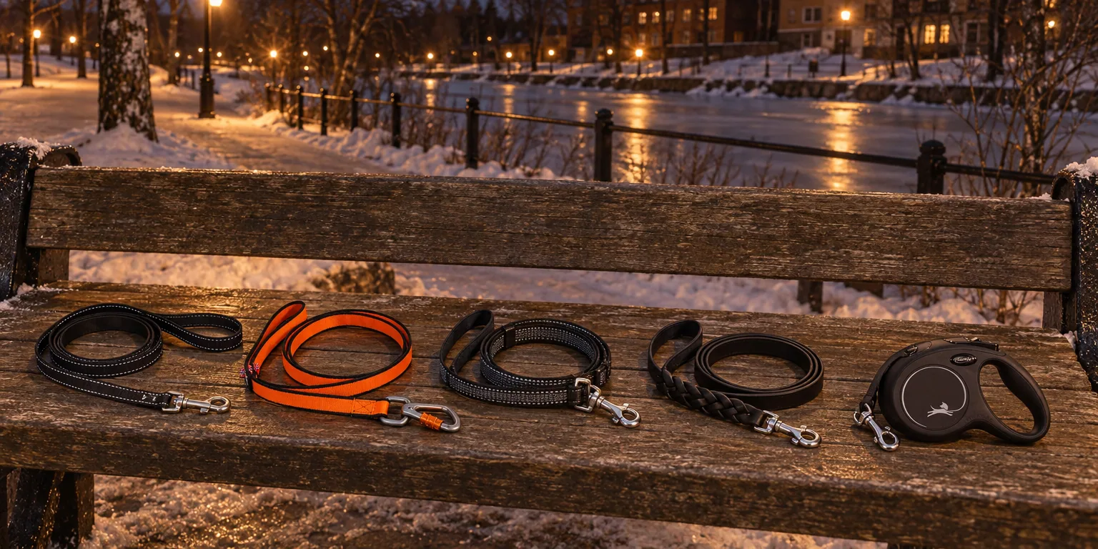 Testvinnarna från testet av hundkoppel: Hurtta Casual Reflective Leash ECO, Non-stop dogwear Bungee Leash, Dogman AntiSlip-koppel Iris, Alac läderkoppel 18 mm, Flexi New Classic Tape M