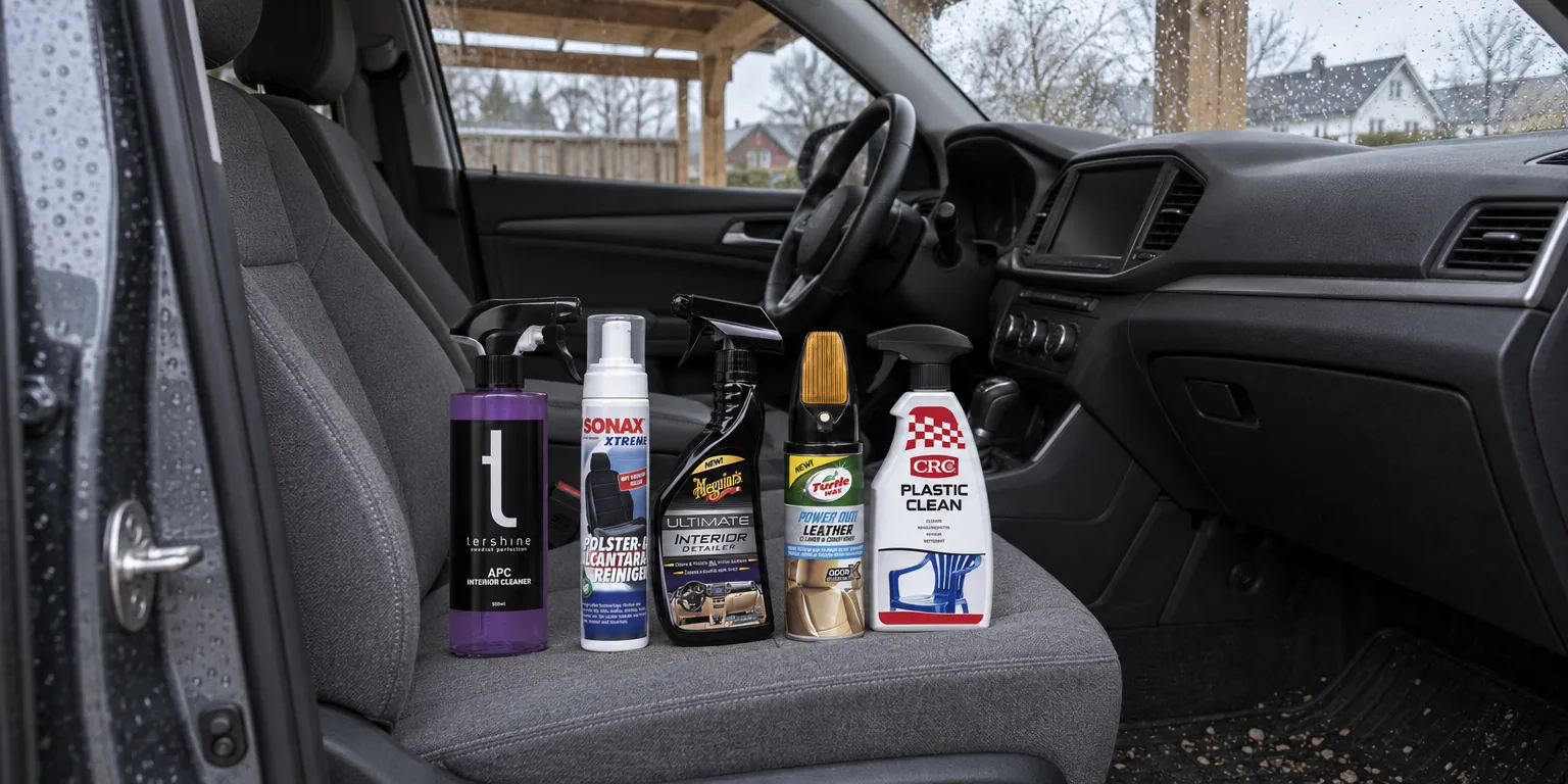 Testvinnarna från testet av interiörrengöring: Tershine APC Interior Cleaner, Sonax Xtreme Upholstery & Alcantara Cleaner, Meguiar's Ultimate Interior Detailer, Turtle Wax Power Out Leather, CRC Plastrengöring