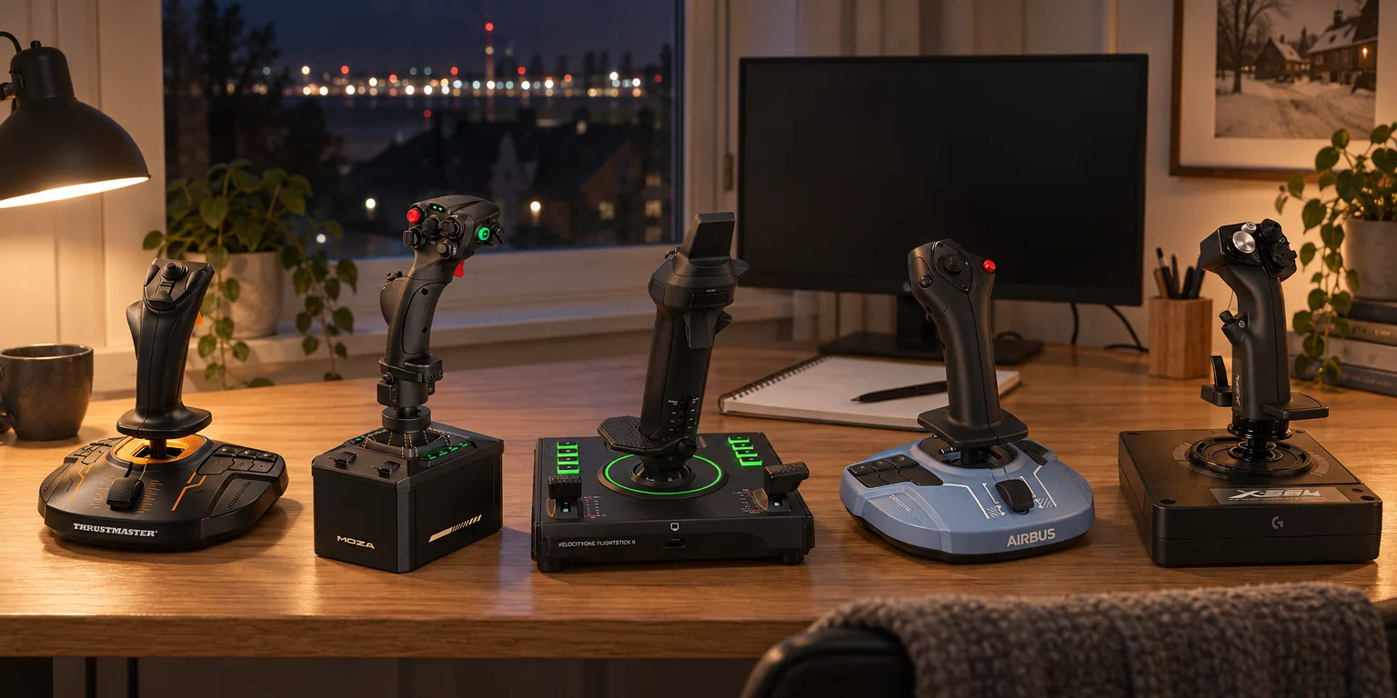 Testvinnarna från testet av joystick: Thrustmaster T.16000M FCS HOTAS, Moza AB6 med MHG Flightstick, Turtle Beach VelocityOne Flightstick II, Thrustmaster TCA Sidestick Airbus Edition, Logitech G X56 HOTAS