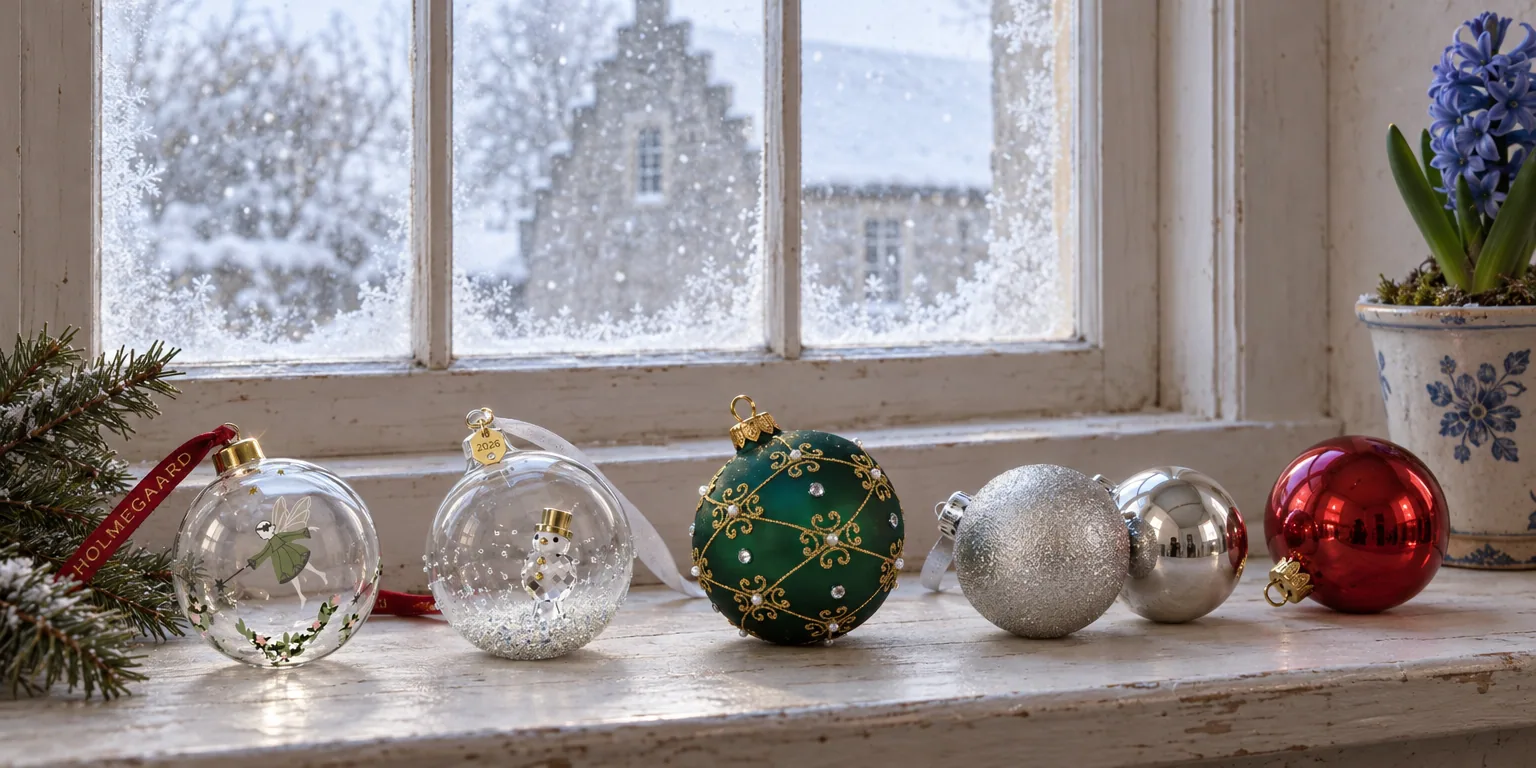 Testvinnarna från testet av julgranskulor: Holmegaard Årets julgranskula 2026, Swarovski Annual Edition Ball Ornament 2026, Newport Lux Ruby julkula grön 8 cm, Hedlundgruppen Baubles silver 20-pack, Decoris Season Red Mini 24-pack