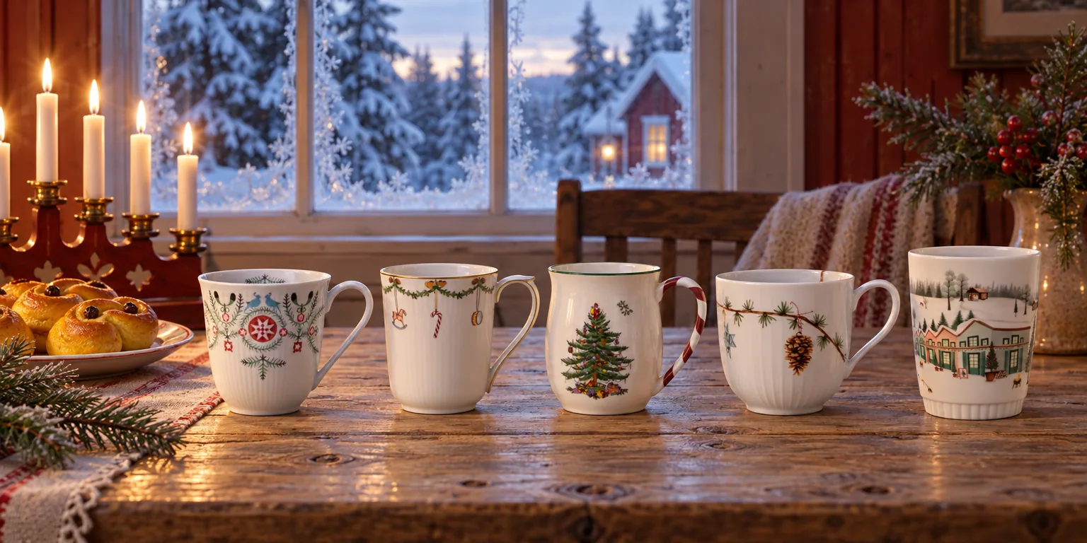 Testvinnarna från testet av julmugg: Rörstrand Swedish Grace Winter mugg 30 cl, Royal Copenhagen Star Fluted Christmas mugg 2-pack, Spode Christmas Tree mugg 40 cl 4-pack, Kähler Hammershøi Christmas mugg 2-pack, Pillivuyt Vinter Toulouse mugg 27 cl