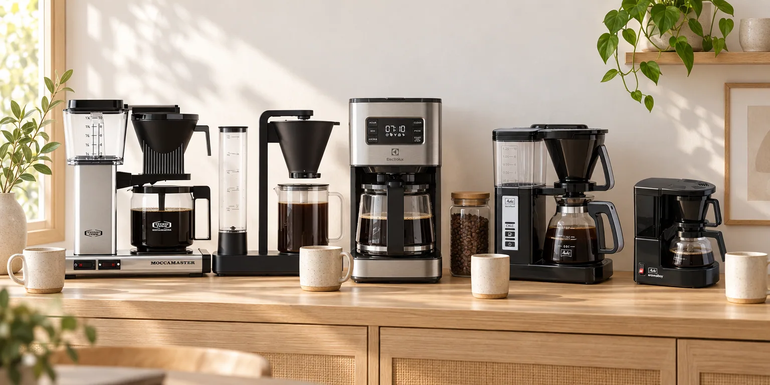 Testvinnarna från testet av kaffebryggare: Moccamaster Automatic Polished Silver, Wilfa Performance WSPL-3B, Electrolux Create 5 E5CM1-6ST, Melitta Excellent 5.0 Black, Melitta Aromaboy Black