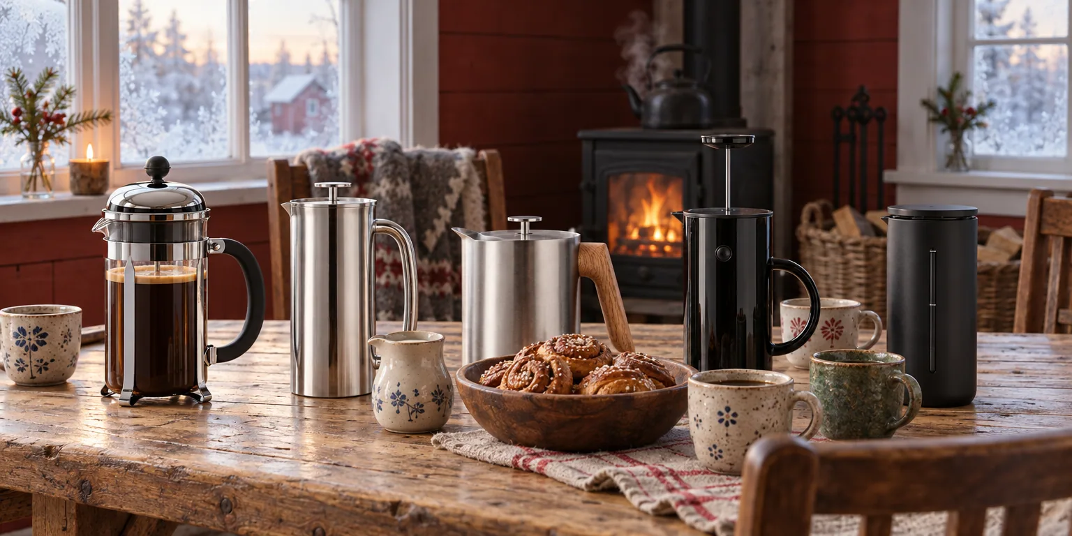 Testvinnarna från testet av kaffepress: Bodum Chambord 8 koppar, Espro P7 8 koppar, Eva Solo Nordic Kitchen 1 l, Stelton EM77 1 l, Timemore U 450 ml