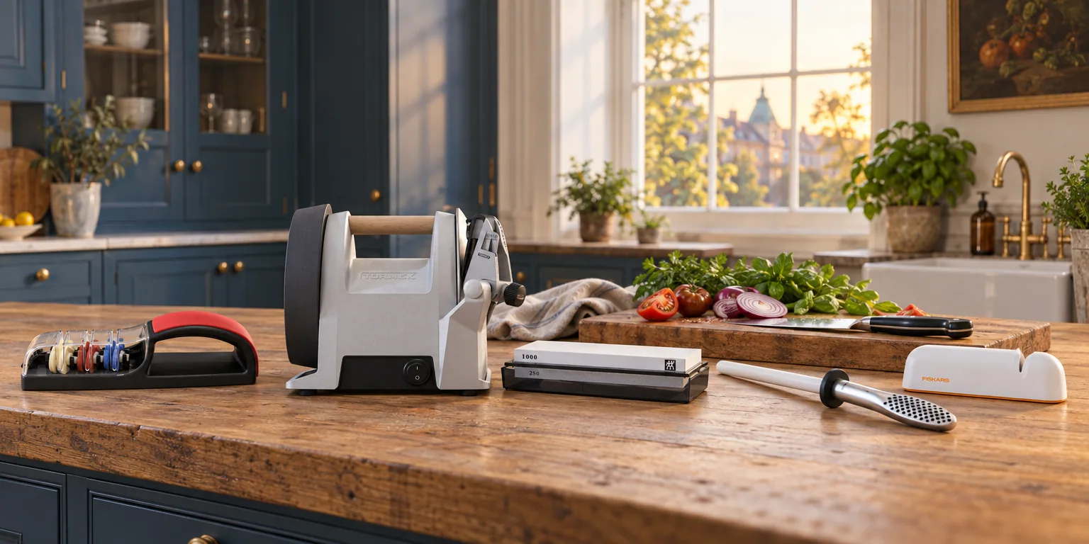 Testvinnarna från testet av knivslip: Global MinoSharp MC-550, Tormek T-1, Zwilling Twin Stone Pro, Global G-74, Fiskars Roll-Sharp