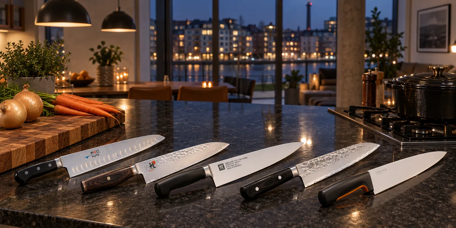 Testvinnarna från testet av kockkniv: MAC Professional MTH-80, Miyabi Artisan 6000MCT Gyutoh 20 cm, Zwilling Four Star 20 cm, Yaxell Zen 35500, Fiskars Functional Form Large