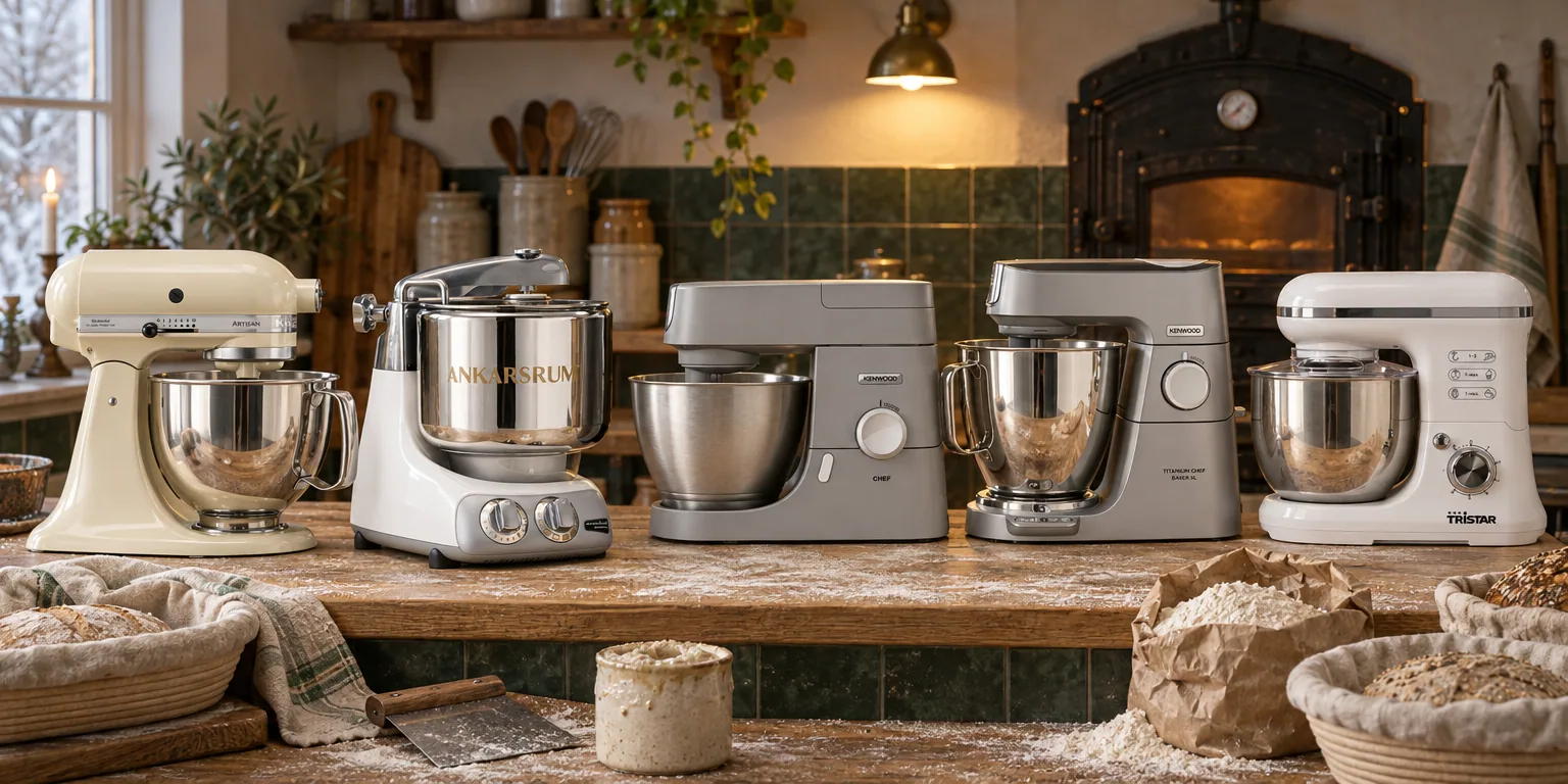 Testvinnarna från testet av köksassistent: KitchenAid Artisan 5KSM125EAC, Ankarsrum AKM 6230 Mineral White, Kenwood Chef KVC3100S, Kenwood Titanium Chef Baker XL KVL85.004SI, TriStar MX-4817