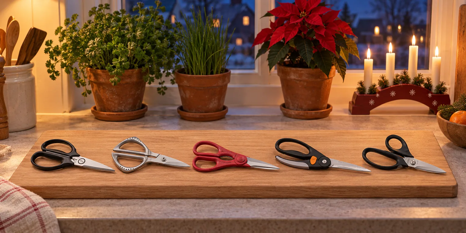 Testvinnarna från testet av kökssax: OXO Good Grips köks- och örtsax, Global GKS-210 21 cm, Zwilling Multi-Purpose 20 cm, Fiskars Functional Form fågelsax 25 cm, Gastromax sax 23 cm
