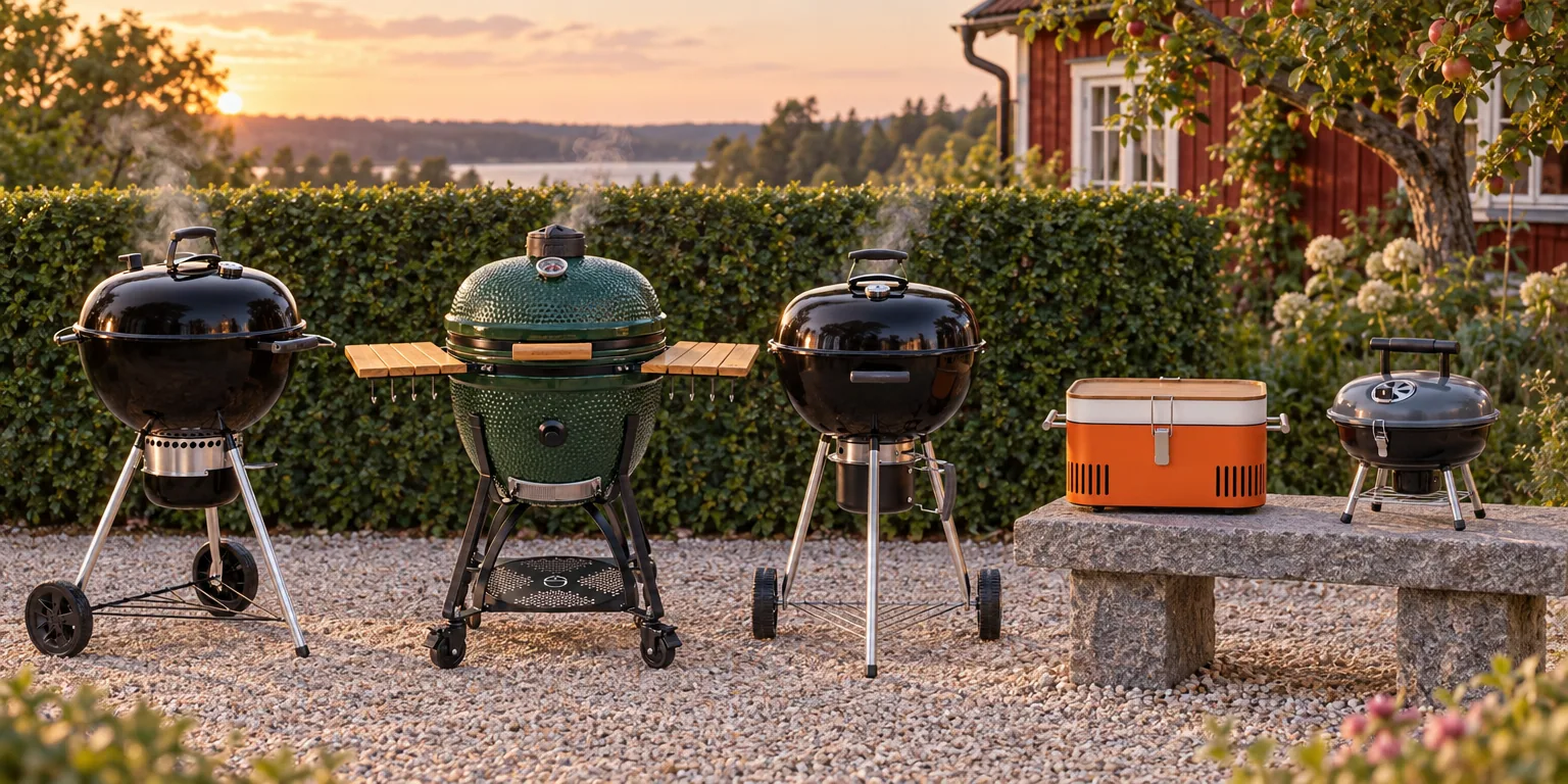 Testvinnarna från testet av kolgrill: Weber Master-Touch E-5750 GBS, Everdure Cube, Kamado Sumo Classic Maxi Gen 2, Mustang Gourmet 57, Mustang Festival
