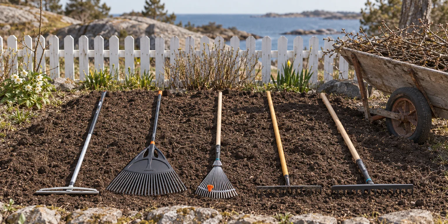 Testvinnarna från testet av kratta: Fiskars Xact Soil Rake, Fiskars Solid XL Leaf, Gardena PureLine Bladfjäderräfsa, Karlstad Redskap VP16, Gardena PureLine 36 cm