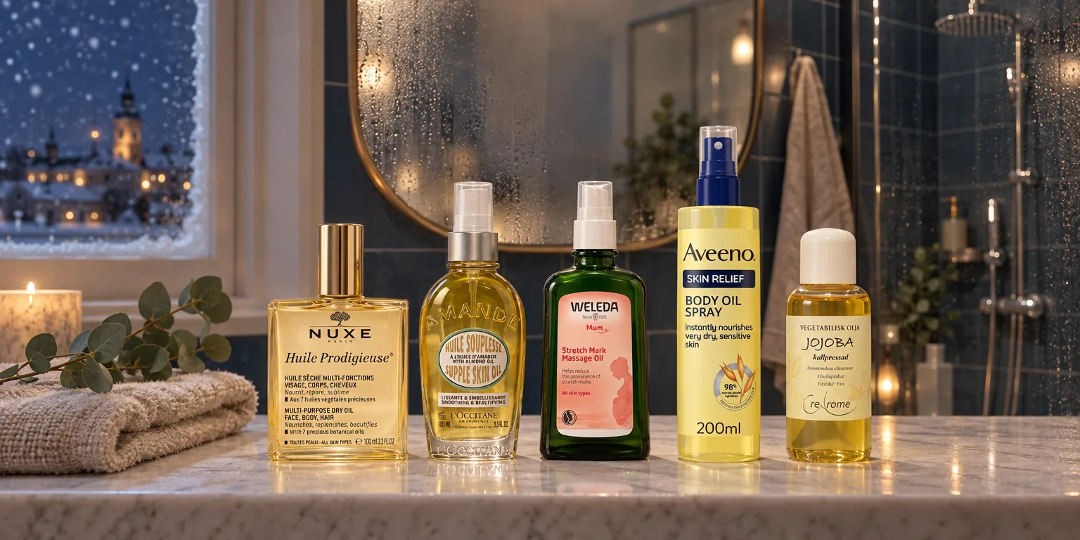 Testvinnarna från testet av kroppsolja: Nuxe Huile Prodigieuse, L'Occitane Almond Supple Skin Oil, Weleda Stretch Mark Massage Oil, Aveeno Skin Relief Body Oil Spray, Crearome Jojobaolja EKO