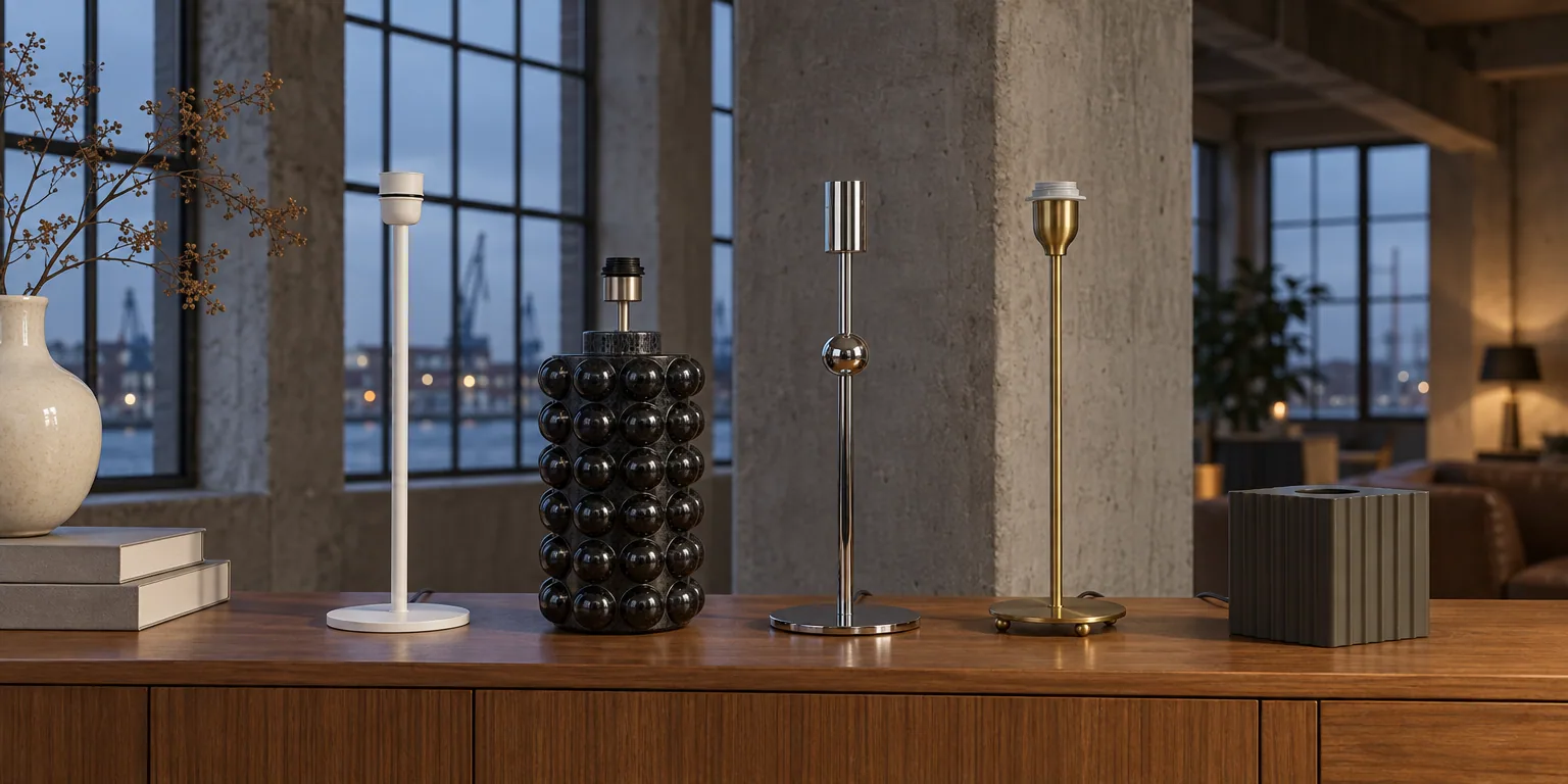 Testvinnarna från testet av lampfot: PR Home Base 45 cm, Hallbergs Bubbles 49 cm, Globen Lighting Astrid 41 cm, Watt & Veke Line 45 cm guld, Star Trading E27 Box brun