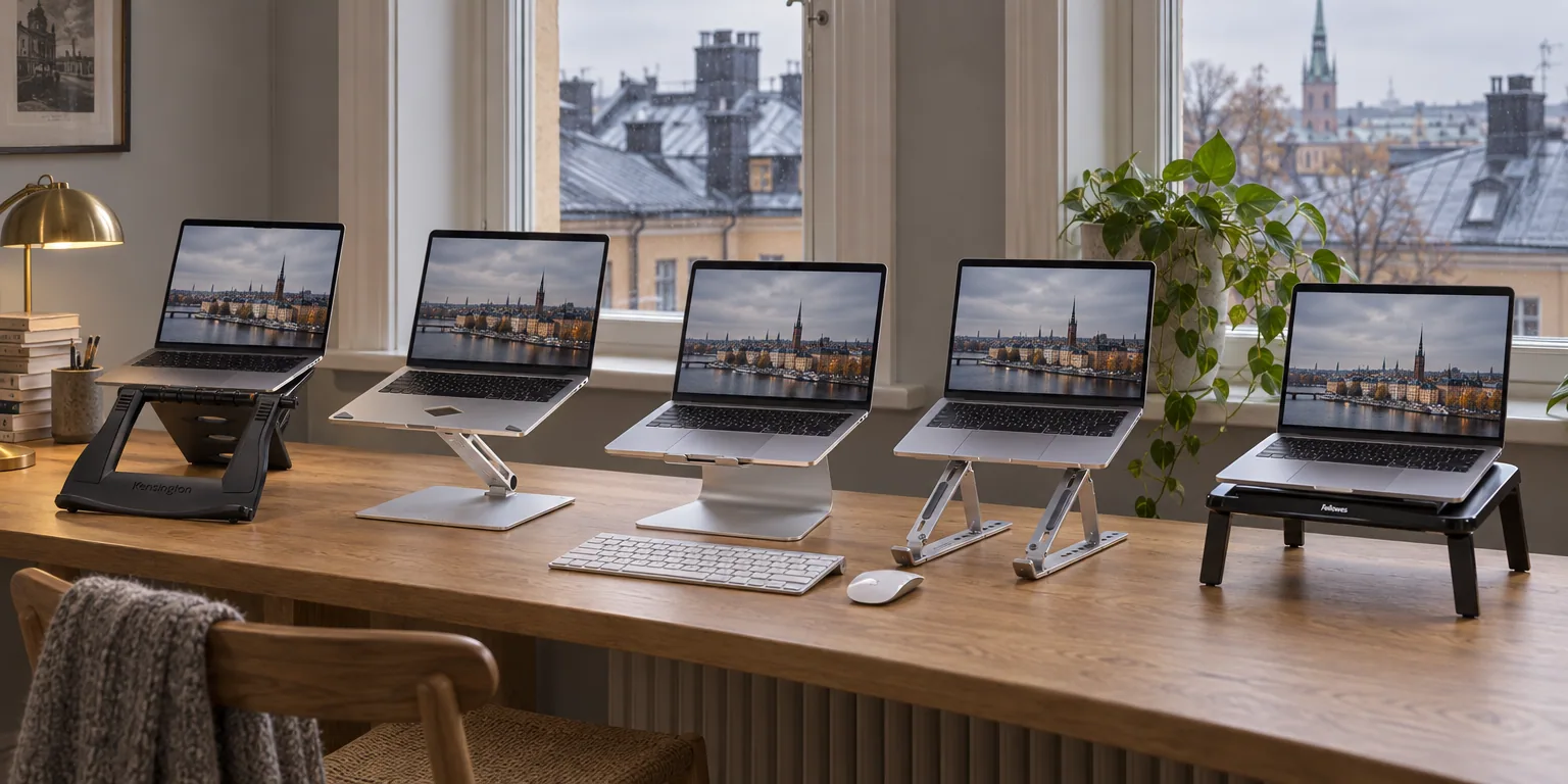 Testvinnarna från testet av laptopställ: Kensington SmartFit Easy Riser, Durable Laptop Stand Rise, Rain Design mStand, Targus Portable Ergo Stand AWE810GL, Fellowes I-Spire Laptop Quick Lift