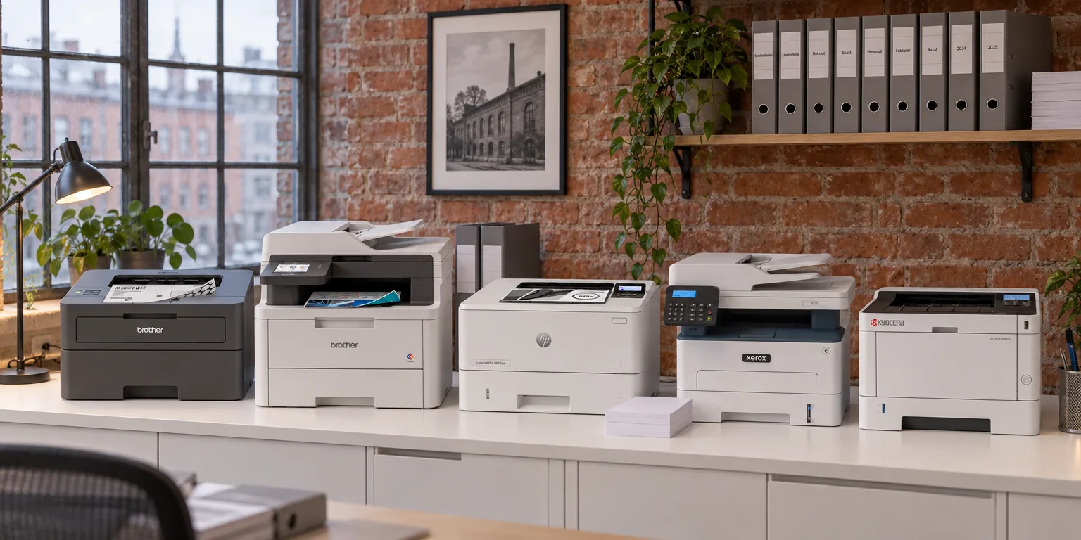 Testvinnarna från testet av laserskrivare: Brother HL-L2445DW, Brother DCP-L3560CDW, HP LaserJet Pro 4002dw, Xerox B225, Kyocera ECOSYS PA4000x
