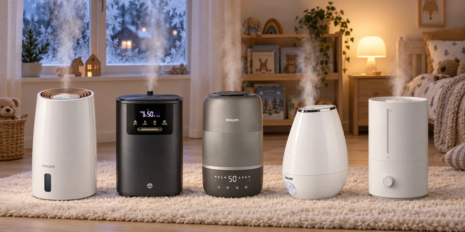 Testvinnarna från testet av luftfuktare: Philips HU3916/10, Wilfa HU-400BCA, Philips HU1510, Beurer LB 37, Xiaomi Humidifier 2 Lite