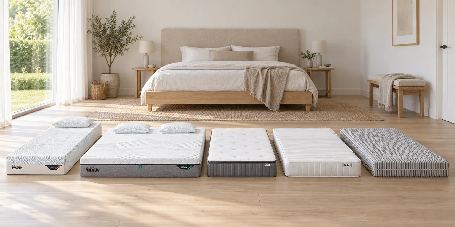 Testvinnarna från testet av madrass: Tempur Prima SmartCool 21 cm 90x210, Tempur Pro Plus CoolQuilt 25 cm 80x210, Beliani Pleasant 160x200, Beliani Delightful 90x200, Toppsömn Profil 13 80x200