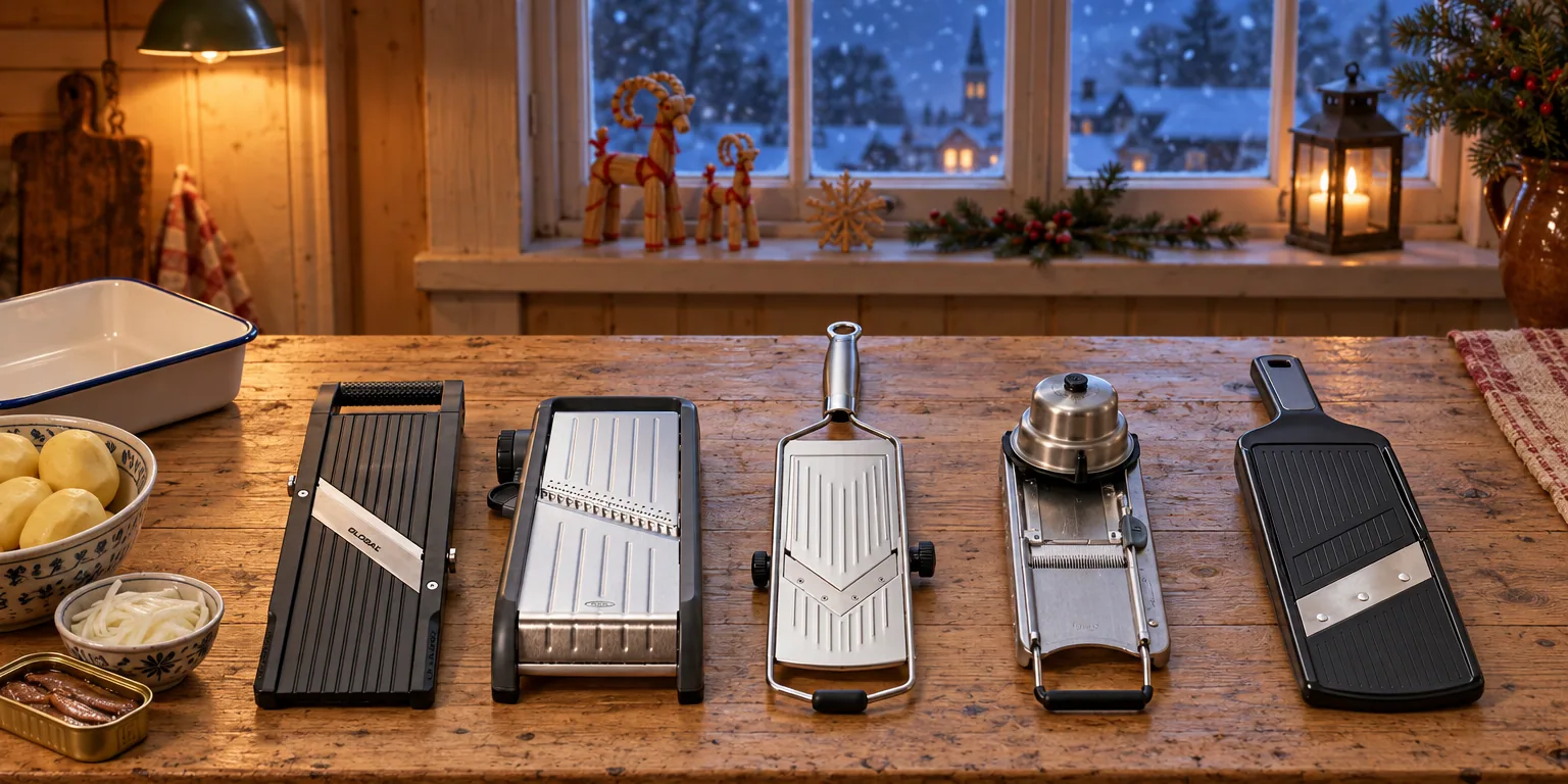 Testvinnarna från testet av mandolinjärn: Global Mandolin 9,5 cm, OXO Good Grips Chef's 2.0, Rösle V-Cut Slicer 46 cm, De Buyer Revolution, Dorre Mona