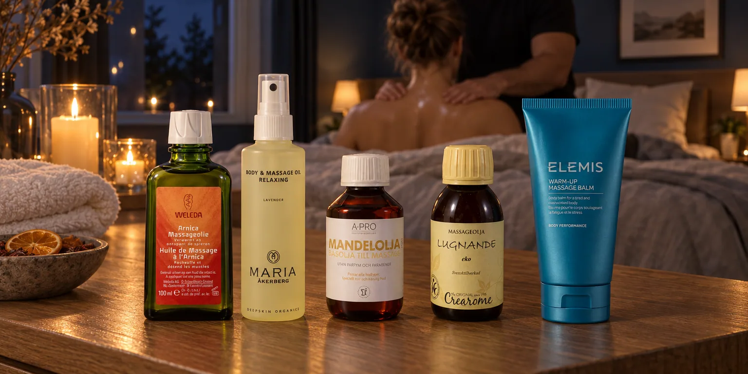 Testvinnarna från testet av massageolja: Weleda Arnica Massage Oil 100 ml, Maria Åkerberg Body & Massage Oil Relaxing 125 ml, A-Pro Mandelolja 100 ml, Crearome Massageolja Lugnande 100 ml, Elemis Warm-Up Massage Balm 150 ml