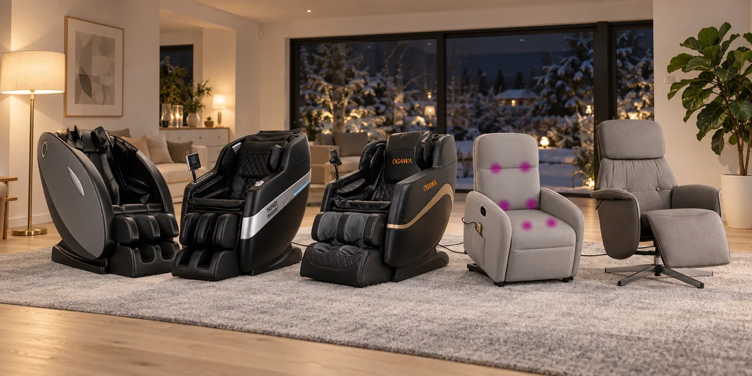 Testvinnarna från testet av massagestol: Lykke Massagestol Pro, TrendRehab Massagestol Zero Gravity, OGAWA Prima 8D, vidaXL Massagefåtölj med uppresningshjälp, vidaXL Massagefåtölj med fotstöd