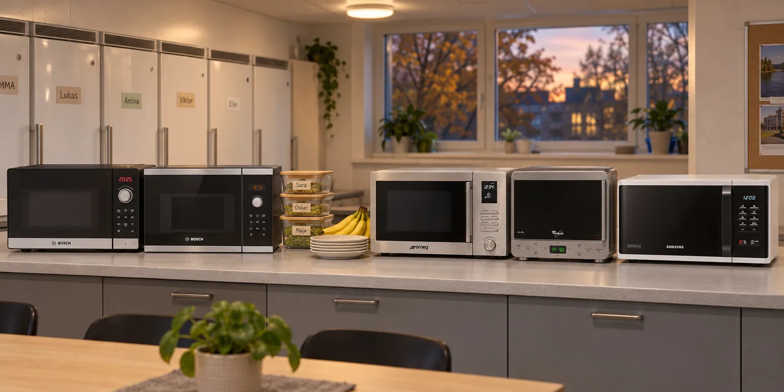 Testvinnarna från testet av mikrovågsugn: Bosch Series 2 FFL023MS2, Bosch BFL523MS0, Smeg MOE25X, Whirlpool MAX 38/IX, Samsung MS23K3523AW