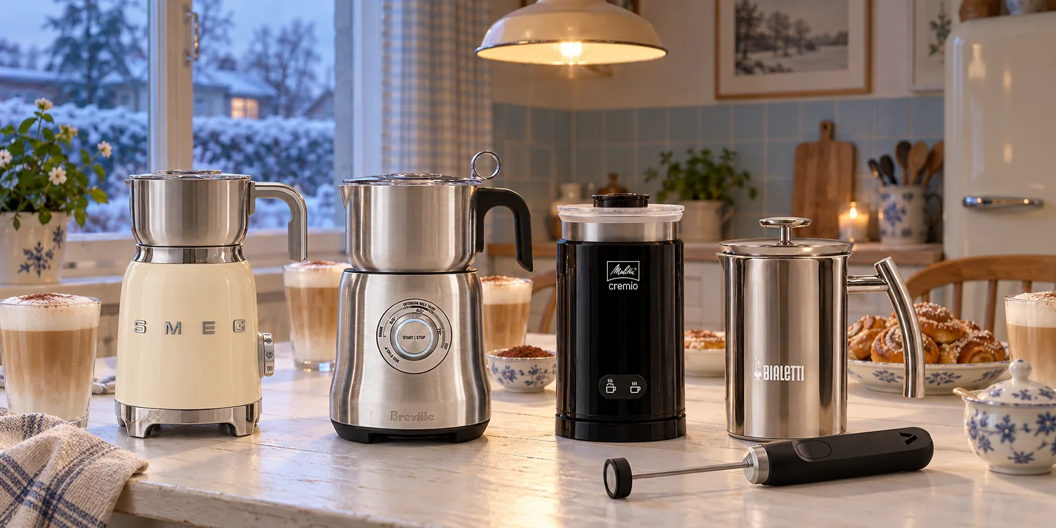 Testvinnarna från testet av mjölkskummare: Smeg MFF11 50's Style, Sage the Milk Café, Melitta Cremio II Black, Bialetti Cappuccinatore, Subminimal NanoFoamer V2
