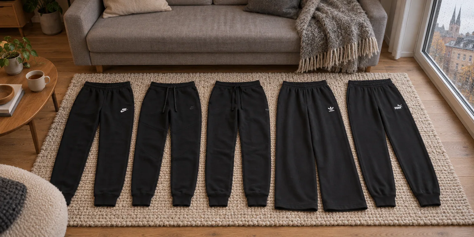 Testvinnarna från testet av mjukisbyxor: Nike Club Fleece Joggers, Nike Tech Fleece Joggers, Björn Borg Centre Tapered Sweatpants, adidas Essentials Wide Leg Fleece, Puma Essentials No. 1 Logo Sweatpants