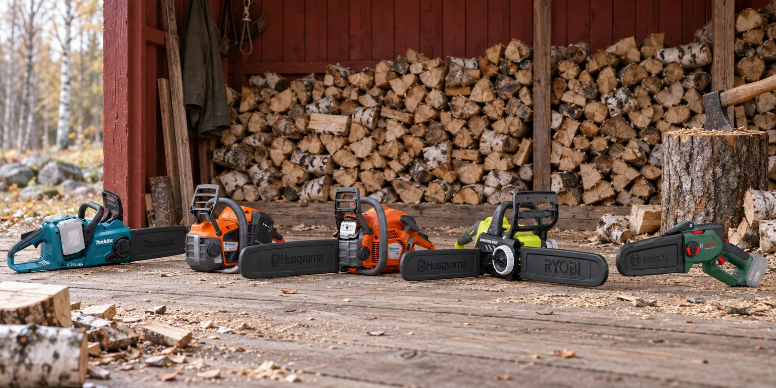 Testvinnarna från testet av motorsåg: Makita DUC353Z Solo, Husqvarna 540i XP Solo, Husqvarna 135 Mark II, Ryobi OCS1830 Solo, Bosch EasyChain 18V-15-7