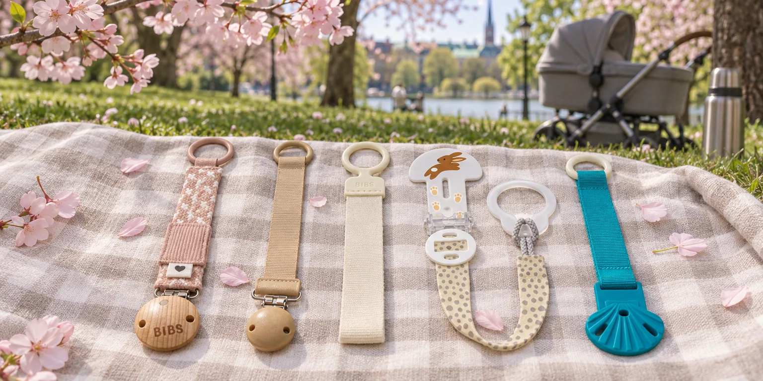 Testvinnarna från testet av napphållare: Bibs Pacifier Braid Blush/Ivory, Elodie Details Trä Pure Khaki, Bibs Loop Ivory, MAM Clip It Neutral, Esska Click