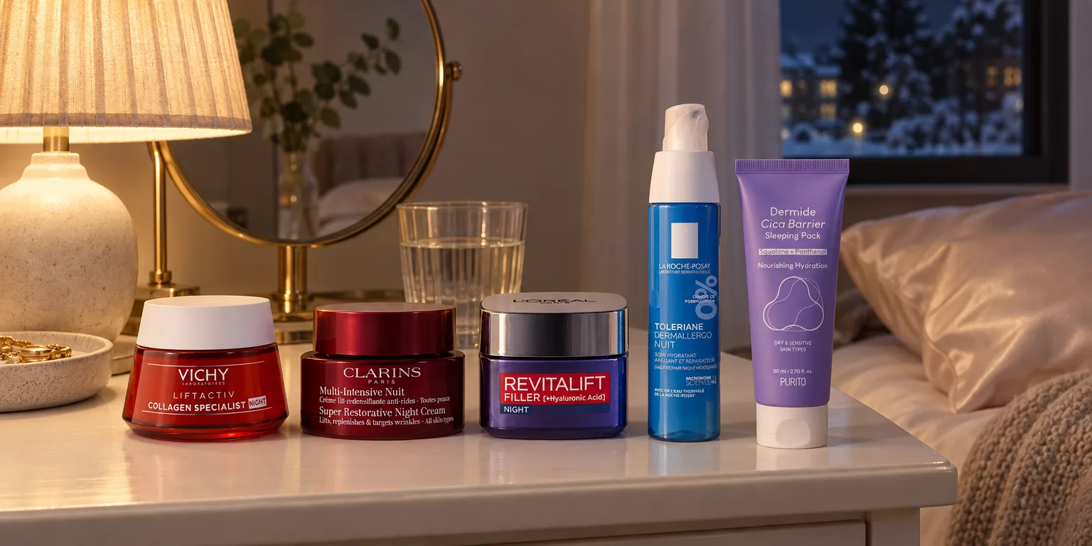 Testvinnarna från testet av nattkräm: Vichy Liftactiv Collagen Specialist Night, Clarins Super Restorative Night, L'Oréal Paris Revitalift Filler Night, La Roche-Posay Toleriane Dermallergo Night, Purito Dermide Cica Barrier Sleeping Pack