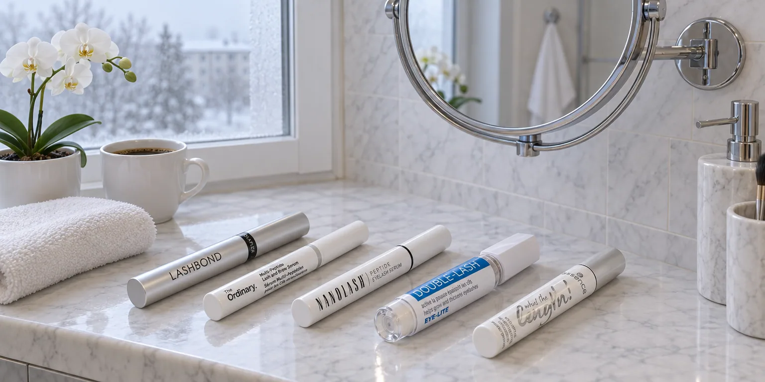 Testvinnarna från testet av ögonfransserum: Olaplex Lashbond Building Serum, The Ordinary Multi-Peptide Lash & Brow Serum, Nanolash Peptide Eyelash Serum, Mavala Double-Lash, Essence What The Length Lash Growth Serum