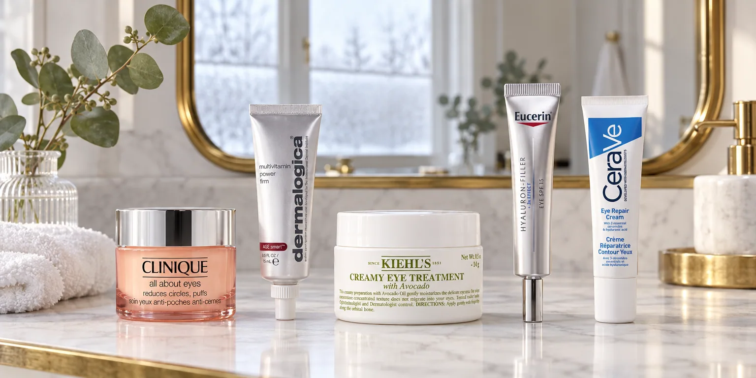 Testvinnarna från testet av ögonkräm: Clinique All About Eyes, Dermalogica MultiVitamin Power Firm, Kiehl's Creamy Eye Treatment with Avocado, Eucerin Hyaluron-Filler Eye Cream SPF 15, CeraVe Eye Repair Cream