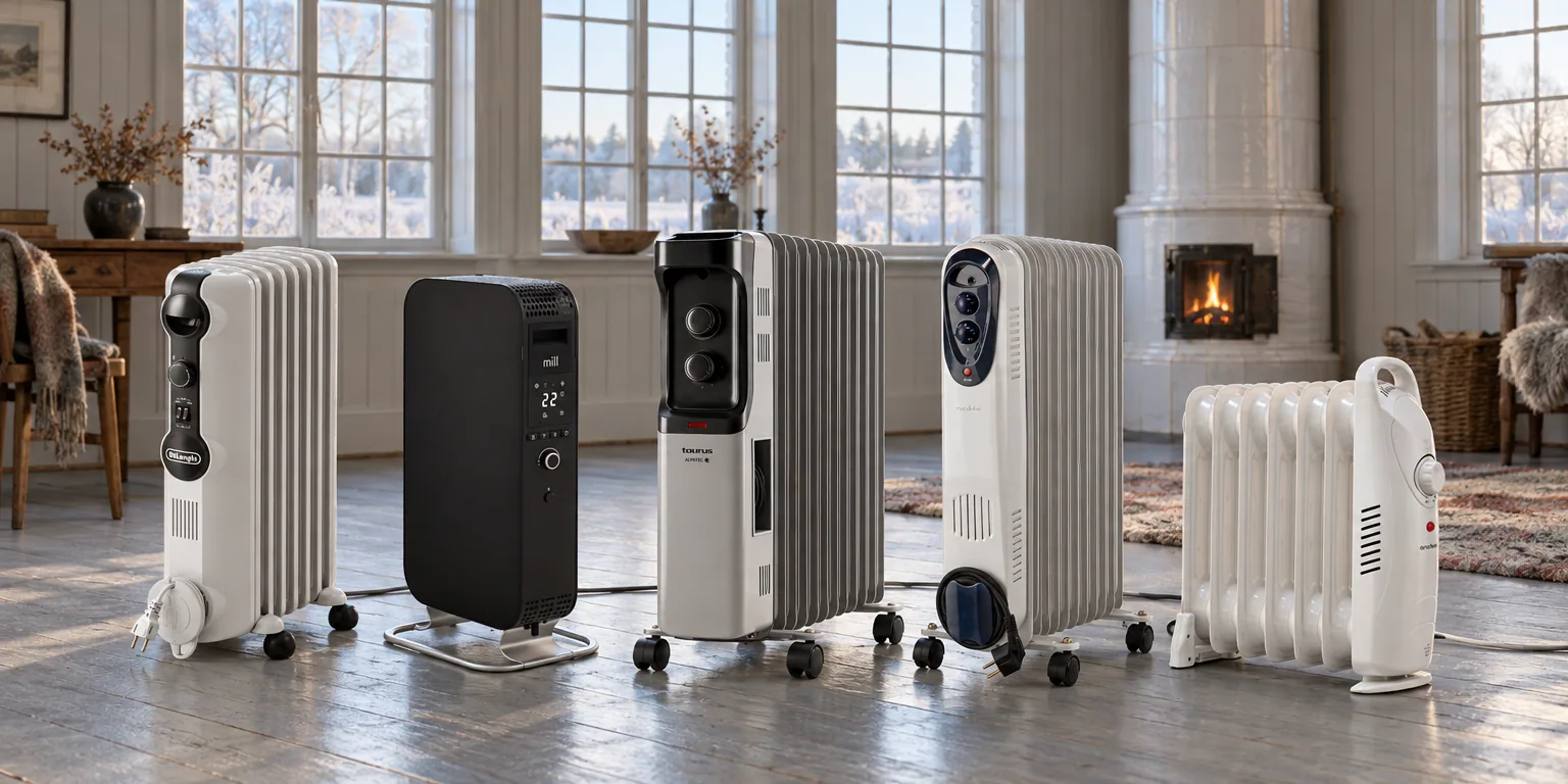 Testvinnarna från testet av oljefyllt element: De'Longhi Radia S TRRS0715, Mill Gentle Air WiFi 1500 W, Taurus Dakar 2500, Nedis HTOI30WT9, Andersson FRH 1.0