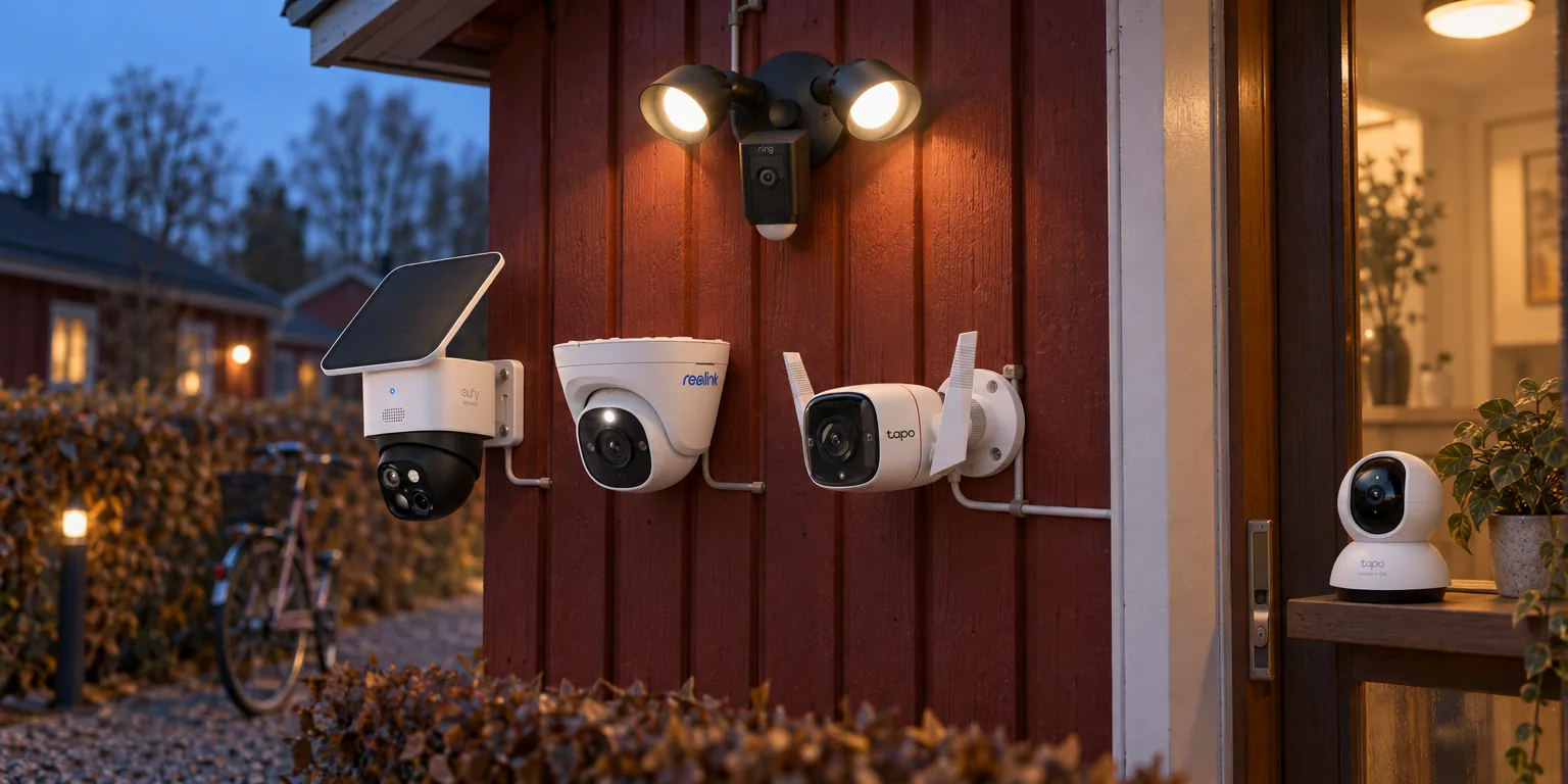 Testvinnarna från testet av övervakningskamera: Eufy SoloCam S340, Reolink P334, TP-Link Tapo C320WS, Ring Floodlight Cam Wired Plus, TP-Link Tapo C220