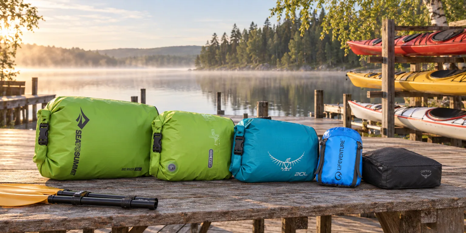 Testvinnarna från testet av packpåse: Osprey Ultralight Dry Sack 20L, Sea to Summit Big River Dry Bag 35L, Ortlieb PS10 Valve 22L, Lifeventure Ultralight Compression Sack 10L, Osprey Daylite Packing Cube Set