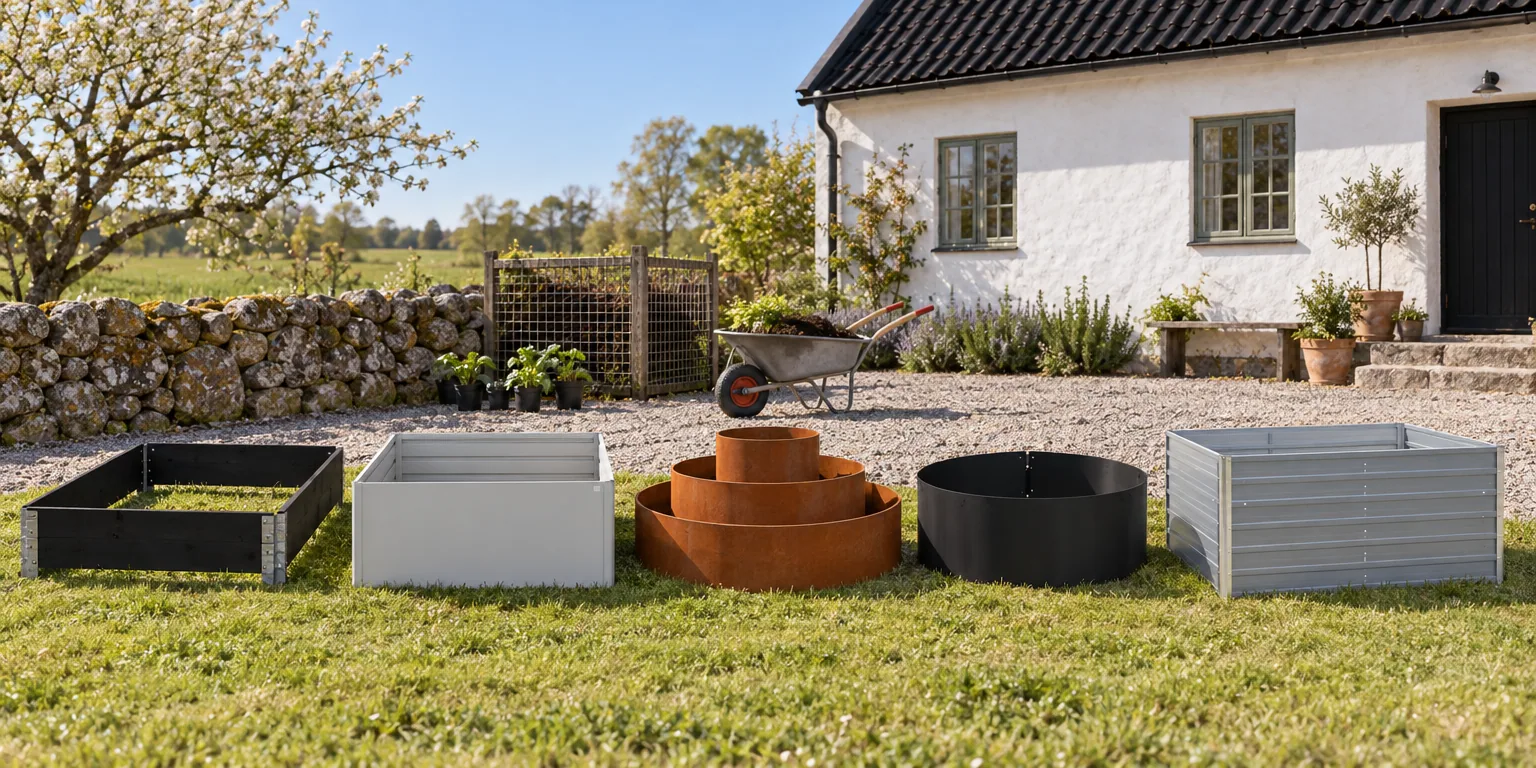 Testvinnarna från testet av pallkrage: Vastbo Nr 7600 svart 120x80, Biohort Upphöjd grönsaksbädd 1x0,5, Ventura Tårtan 3-stegs, Jabo Odla rund Ø60, vidaXL Galvaniserad bädd 160x80x77