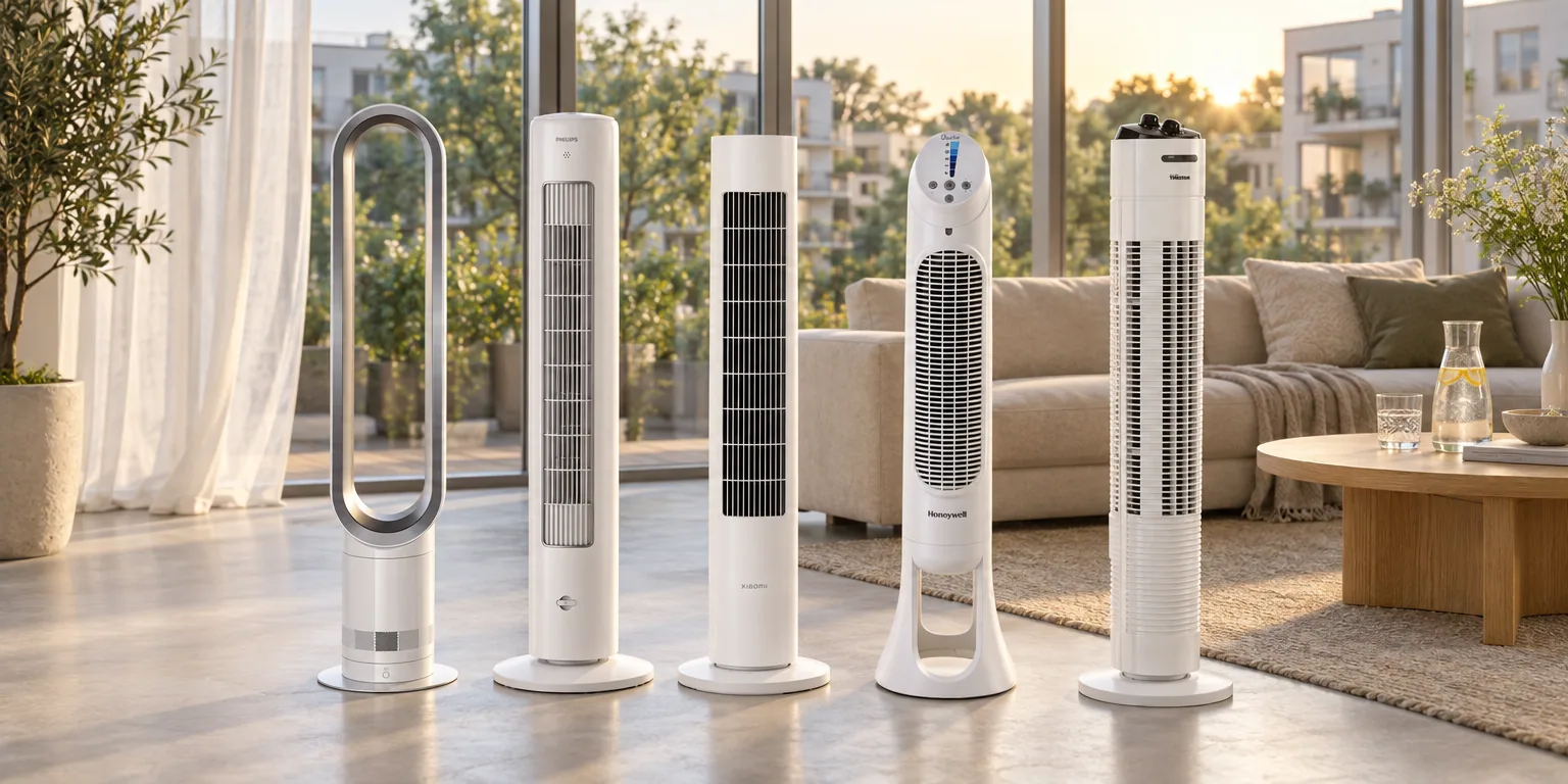 Testvinnarna från testet av pelarfläkt: Dyson Cool AM07, Philips Tornfläkt 5000-serien, Xiaomi Smart Tower Fan 2, Honeywell QuietSet HYF260E4, TriStar VE-5806