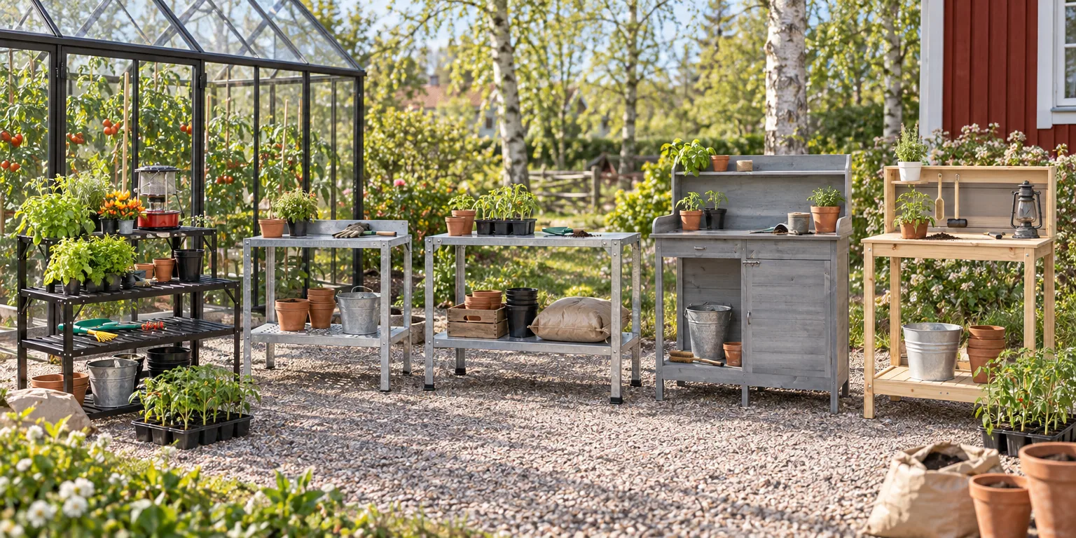 Testvinnarna från testet av planteringsbord: Vitavia Aluminiumbord med hylla, Plus Planteringsbord 110 cm, Palram Canopia Arbetsbänk i stål, vidaXL Odlingsbänk med skåp, vidaXL Växtbord med hylla