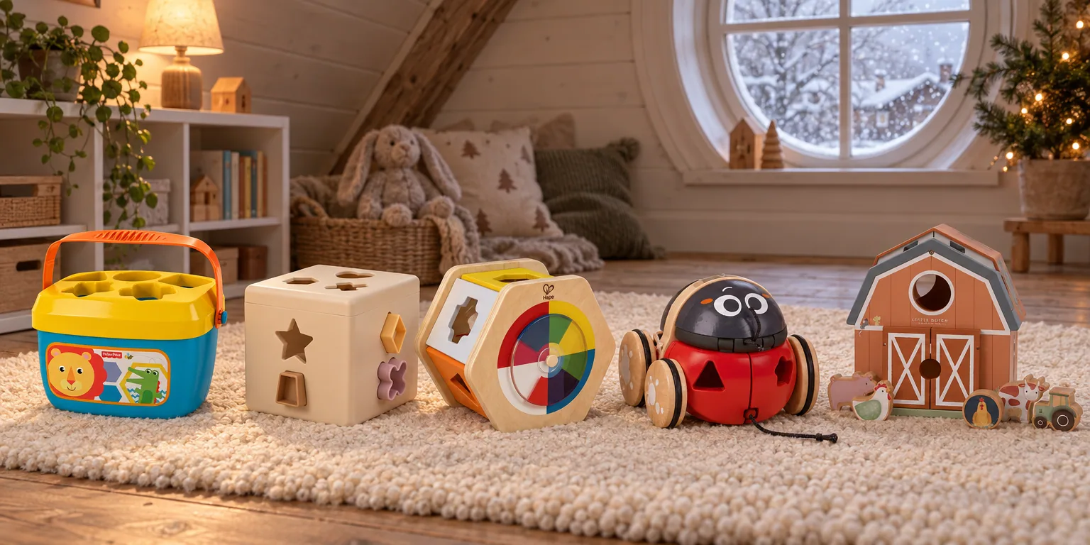 Testvinnarna från testet av plocklåda: Fisher-Price Baby's First Blocks, Mushie Shape Sorting Box, Hape Matching And Shape Sorting Box, Hape Shape Sorter Ladybug, Little Dutch Shape Sorter Little Farm