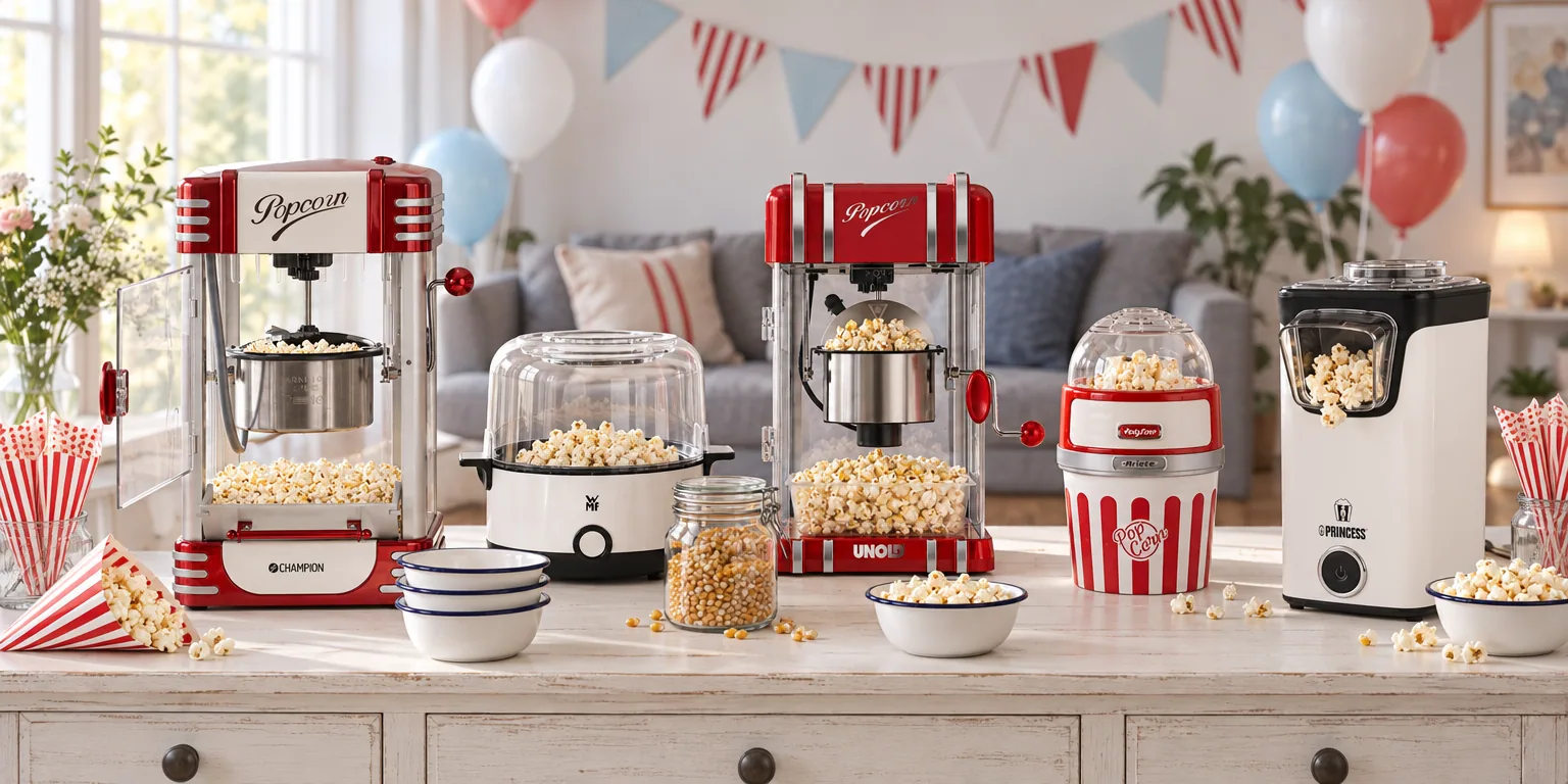 Testvinnarna från testet av popcornmaskin: Champion Retro XL PCM406, WMF Kitchenminis Popcorn Maker, Unold Popcornmaker Retro 48535, Ariete Party Time XL 2957, Princess Popcornmaskin 292986