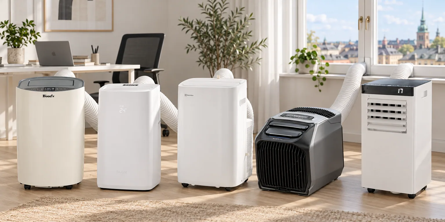 Testvinnarna från testet av portabel AC: Wood's Cortina Silent 12K WiFi White, Meaco Portable Ac Meacocool Cirro Inverter 14000btu, Electrolux ECU7878CSW 700 Silent Luftkonditionering Hjul Wi-Fi, Ecoflow Wave 3, Hawk AC Luftkonditionering FDP20 Med Fönsterkit