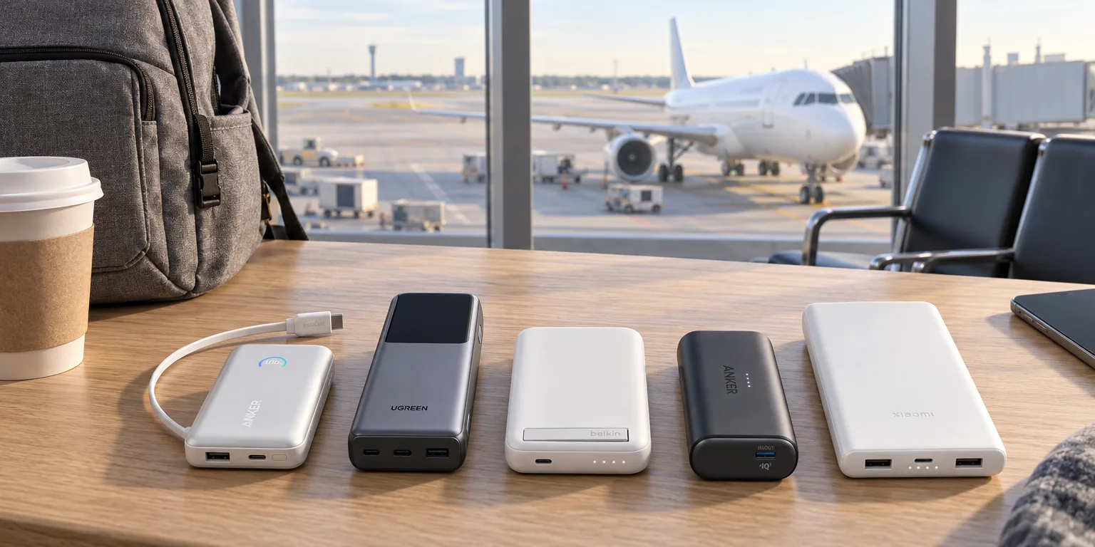 Testvinnarna från testet av powerbank: Anker Nano 10K 45W, UGREEN Nexode 25000 mAh 200W, Belkin BoostCharge Pro Qi2 10K, Anker Nano 5000 mAh, Xiaomi Power Bank Lite 10000 mAh