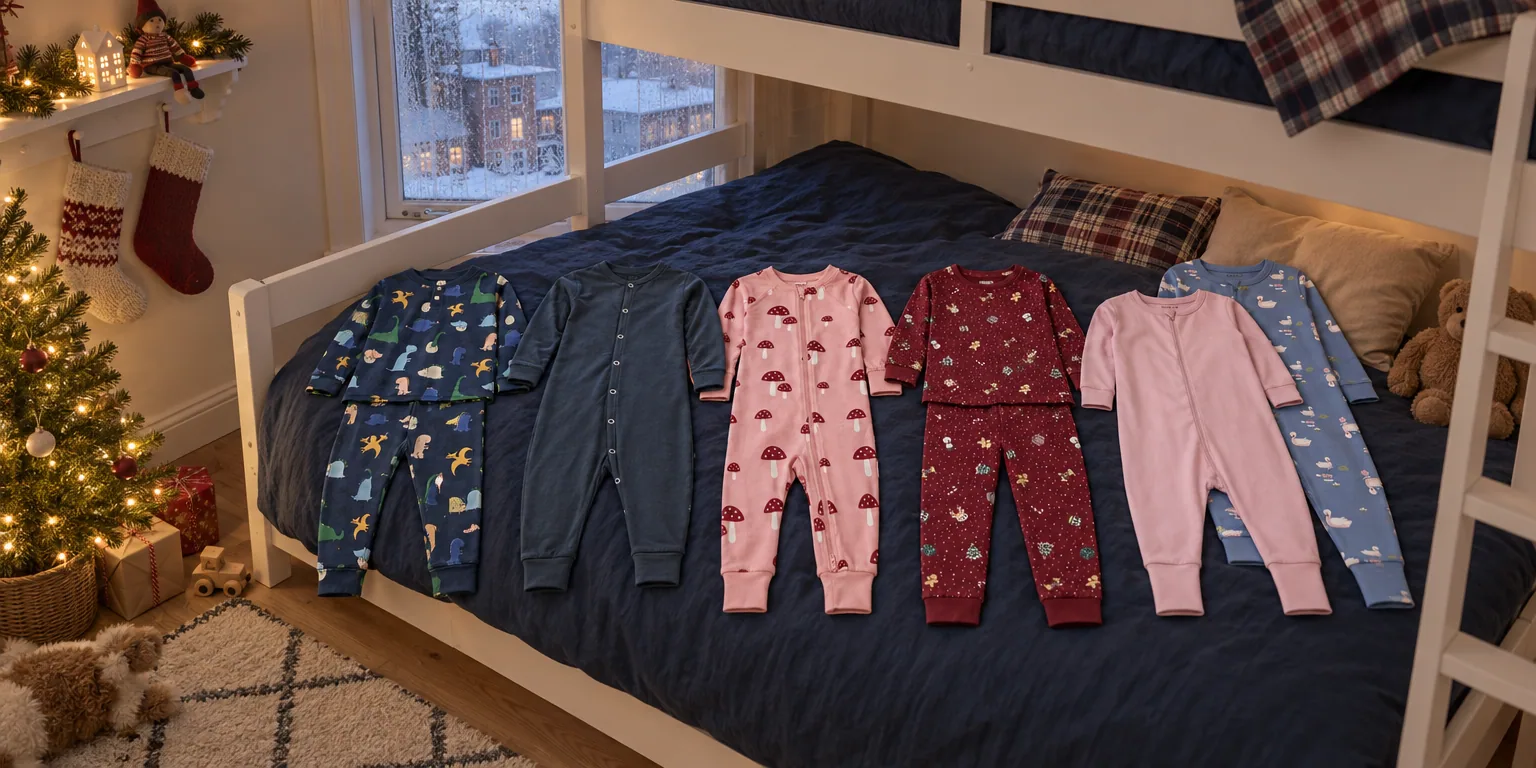 Testvinnarna från testet av pyjamas barn: Liewood Wilhelm Grow Pyjamas Set, Devold Breeze Merino Sleepsuit Baby, Geggamoja Pyjamas Bambu Pink Mushroom, Name It Jul Sovset, Name It Nightsuit 2-pack Swan