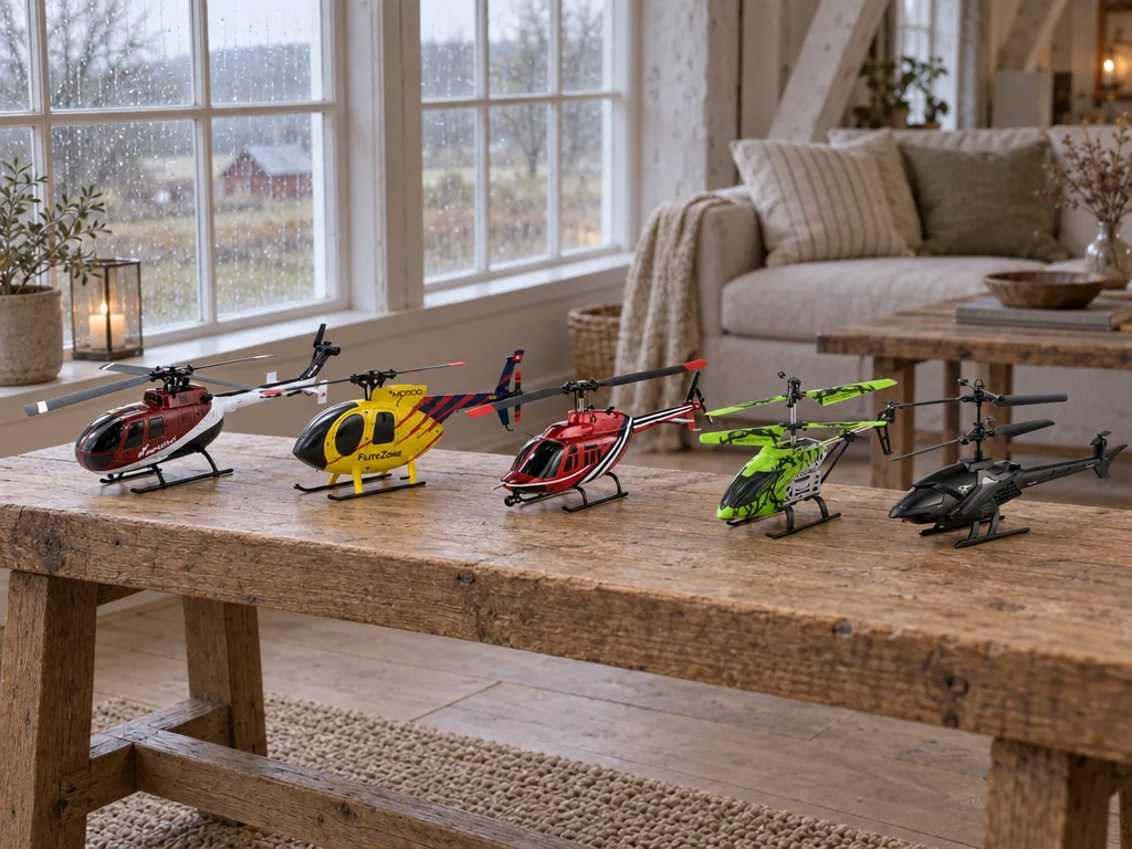 Olika sorters radiostyrd helikopter: de fem testade modellerna sida vid sida